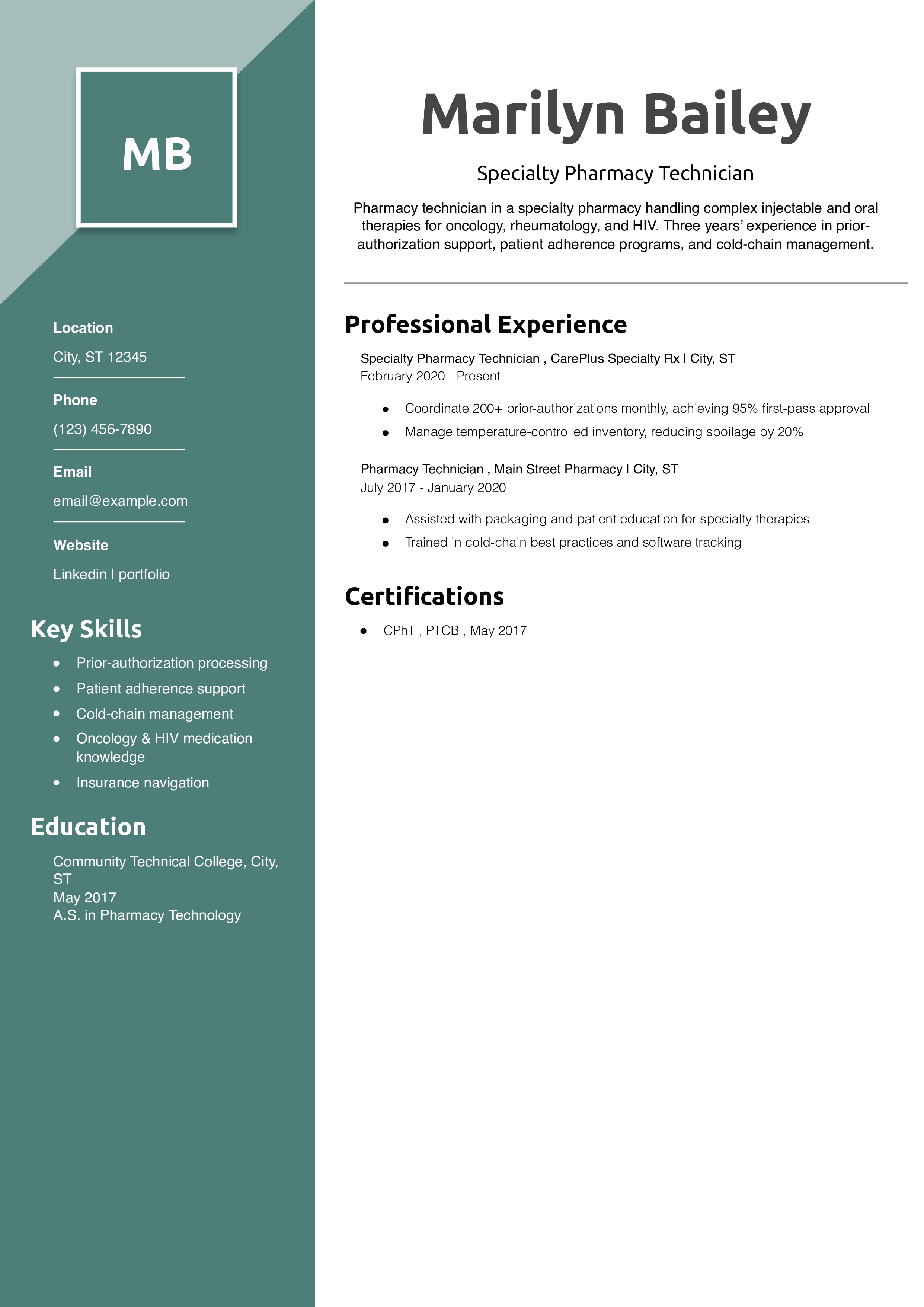 Specialty Pharmacy Technician Resume Example