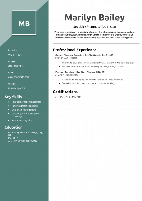 Specialty Pharmacy Technician Resume Example