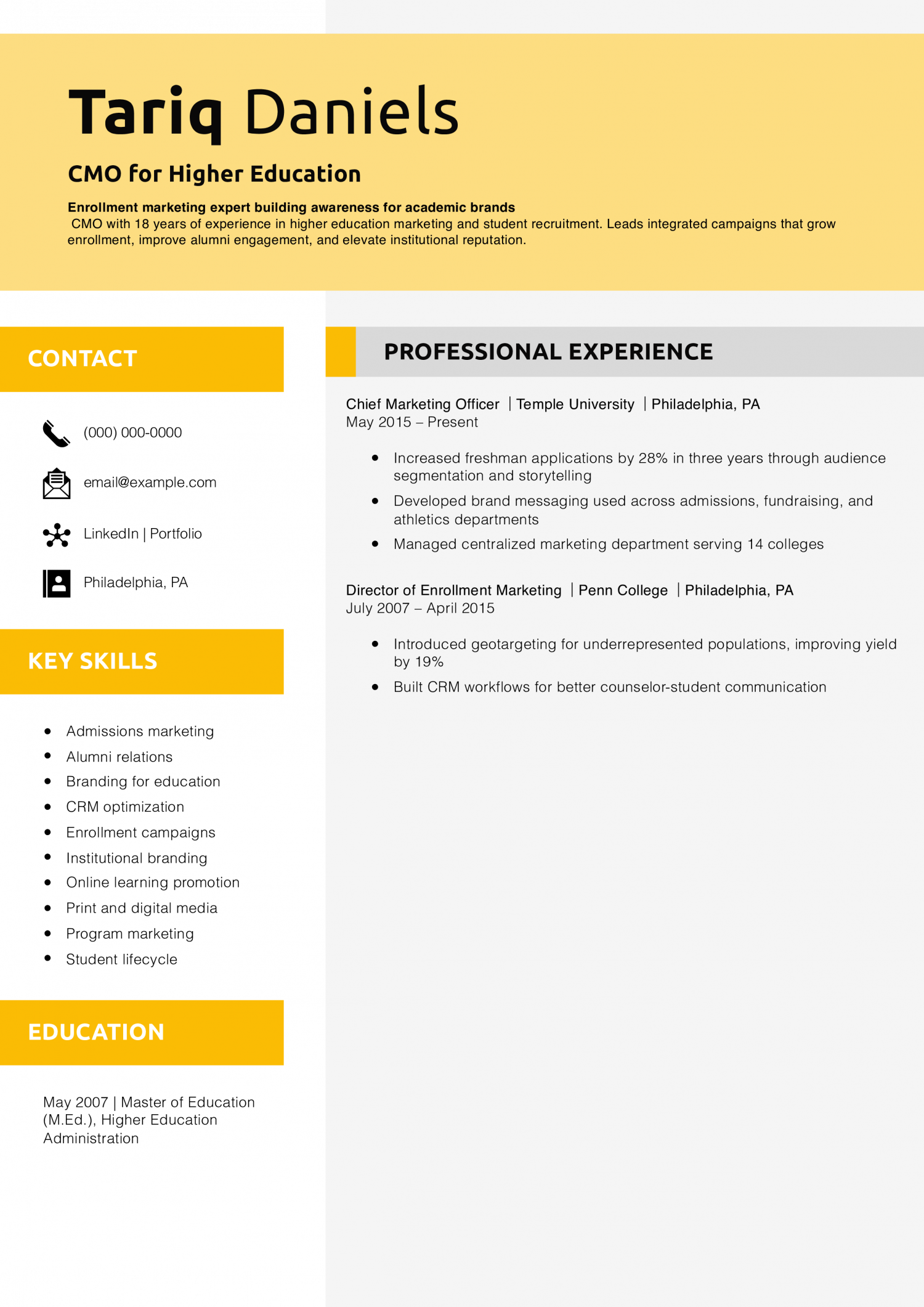 CMO for Higher Education Resume