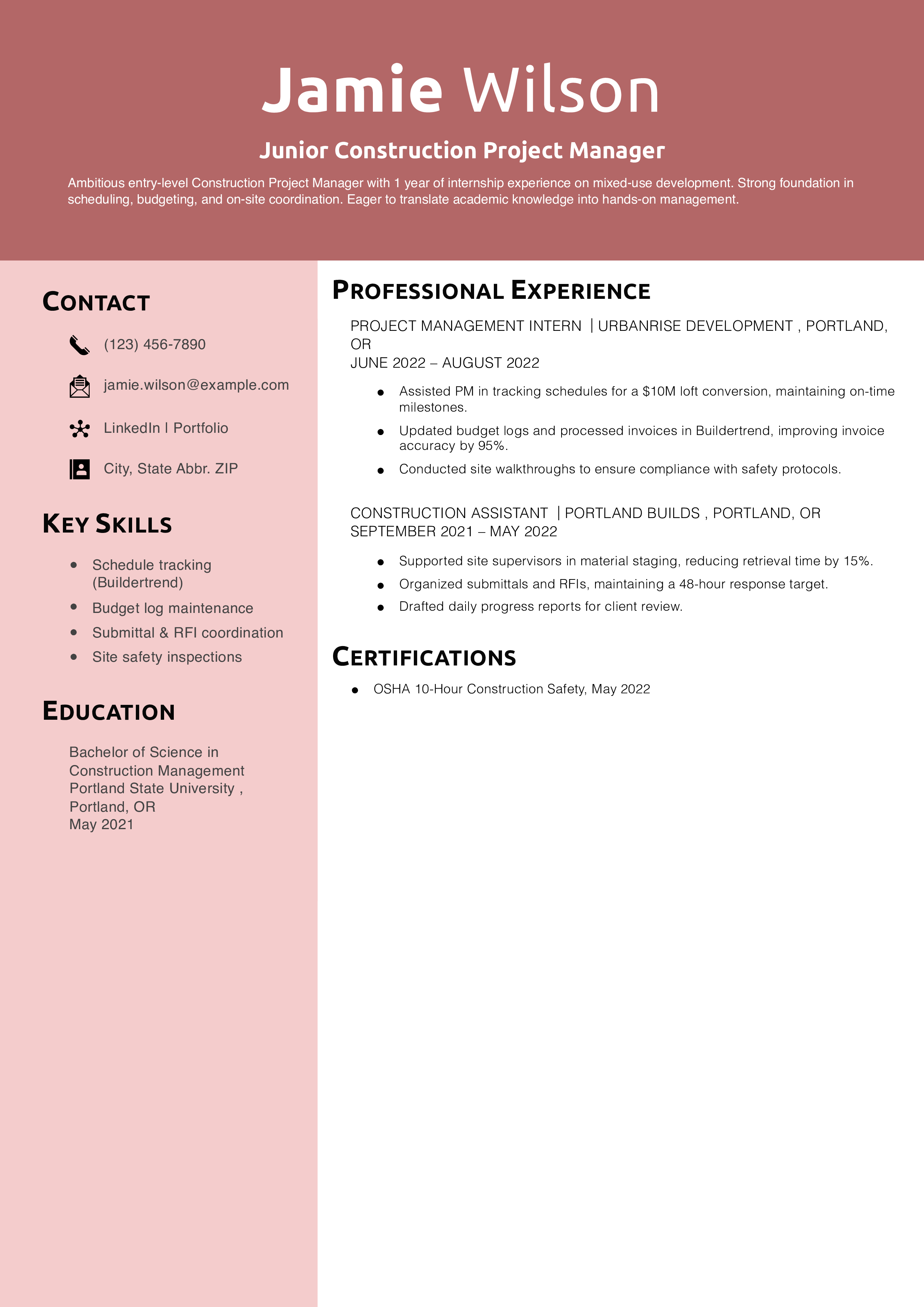 Junior Construction Project Manager Resume Example 
