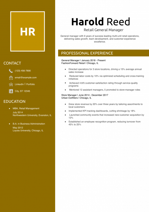 Retail General Manager Resume Example