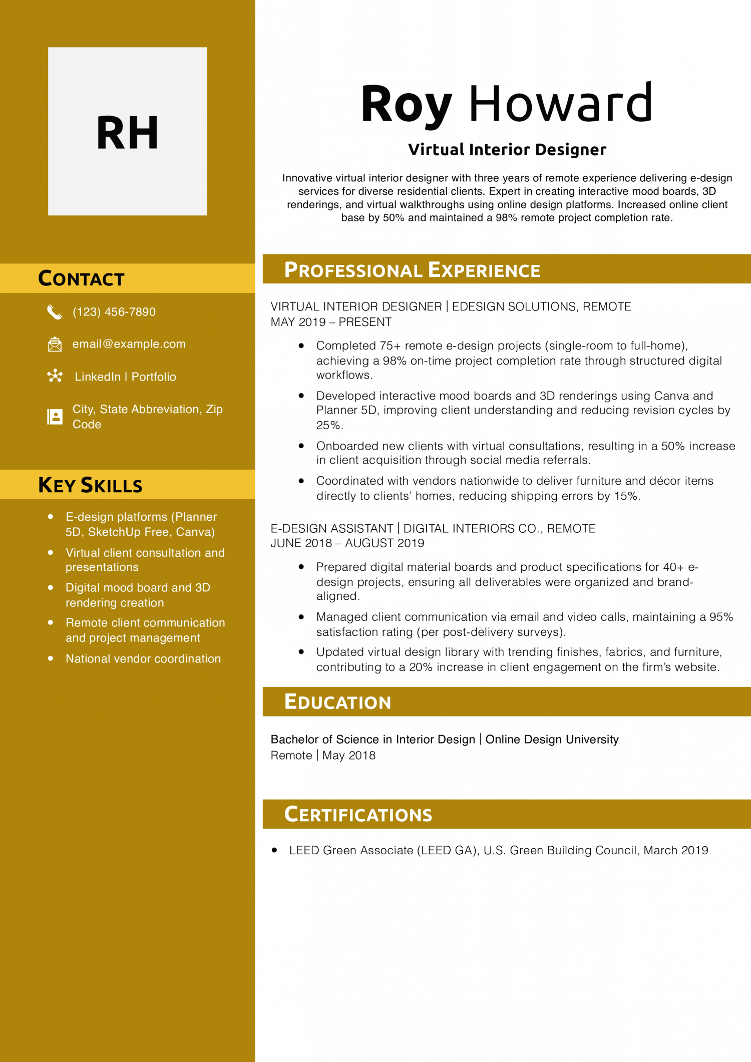 Virtual Interior Designer Resume Example