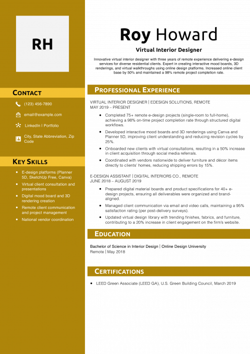 Virtual Interior Designer Resume Example