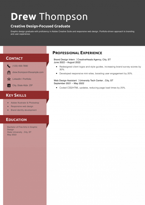 Creative Design-Focused Graduate Resume Example 