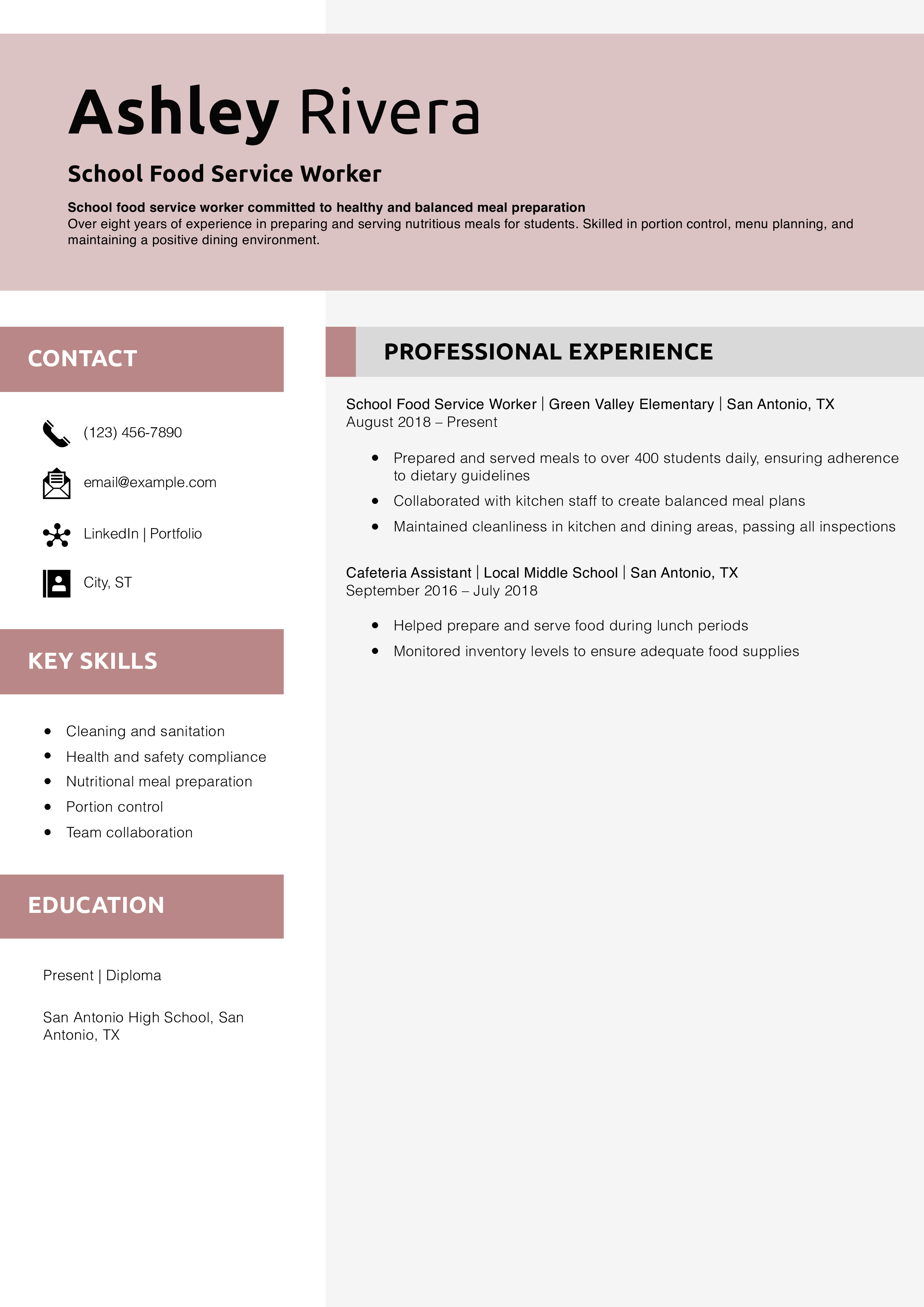 School Food Service Worker Resume