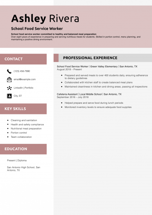 School Food Service Worker Resume