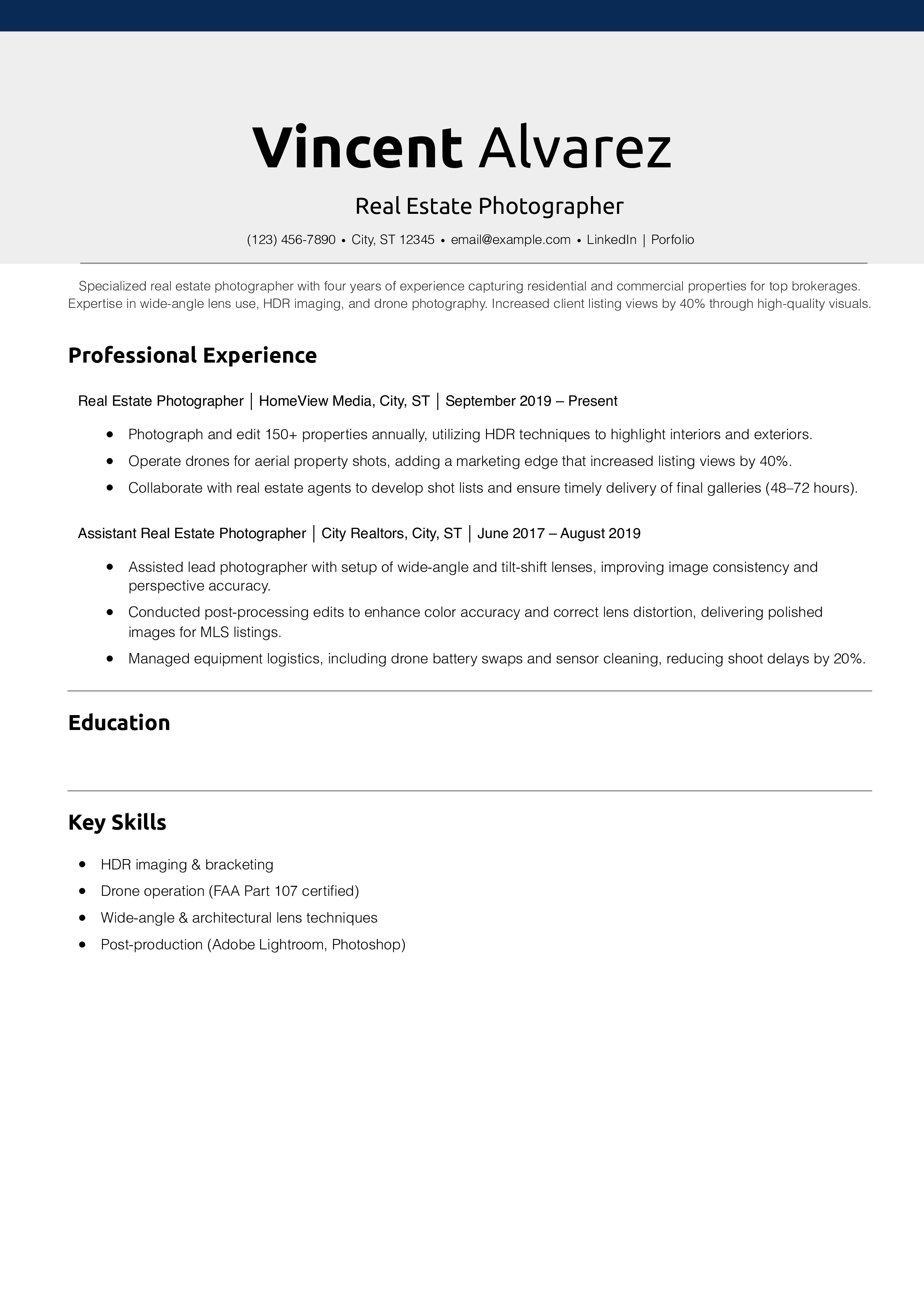 Real Estate Photographer Resume Example