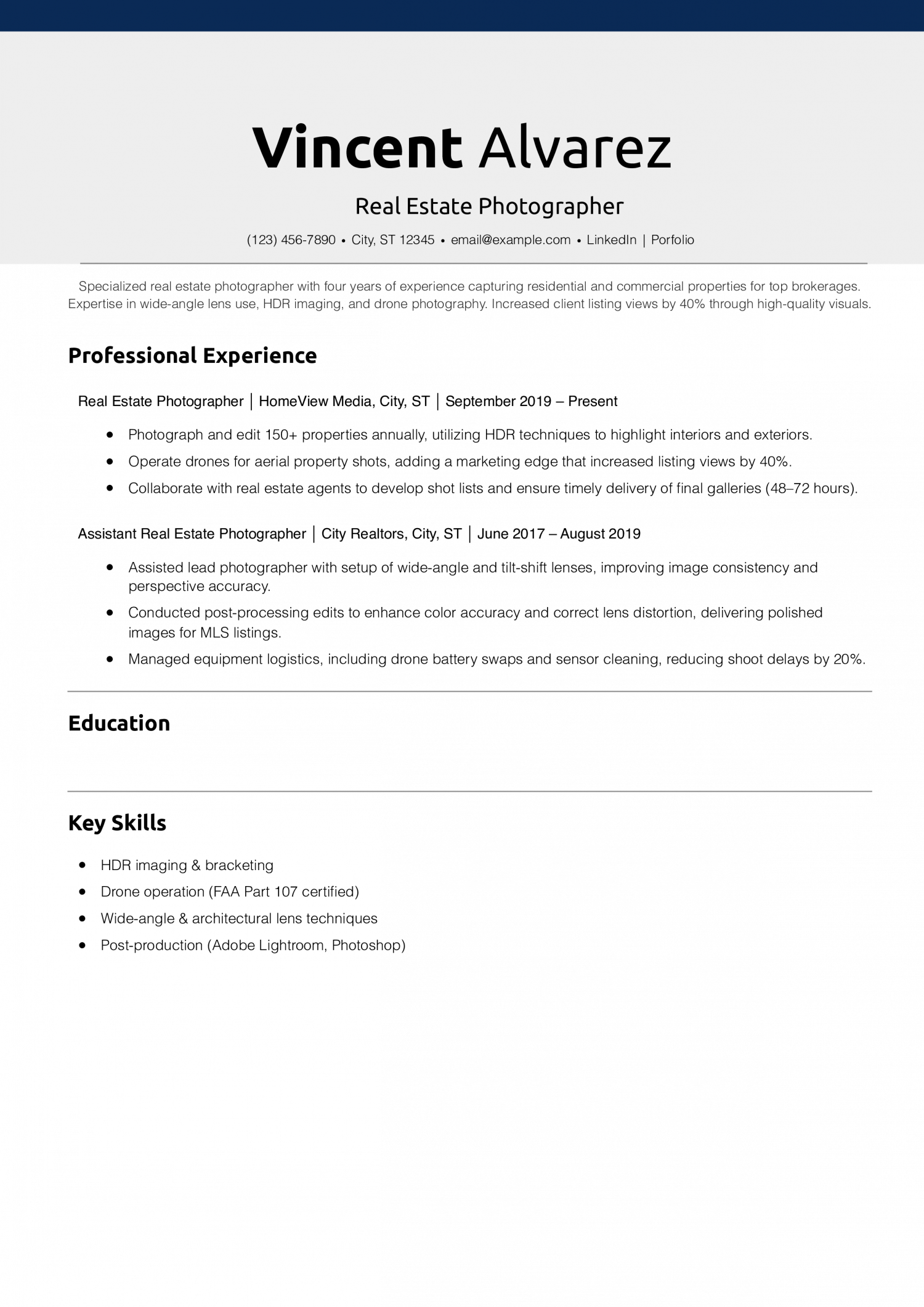 Real Estate Photographer Resume Example