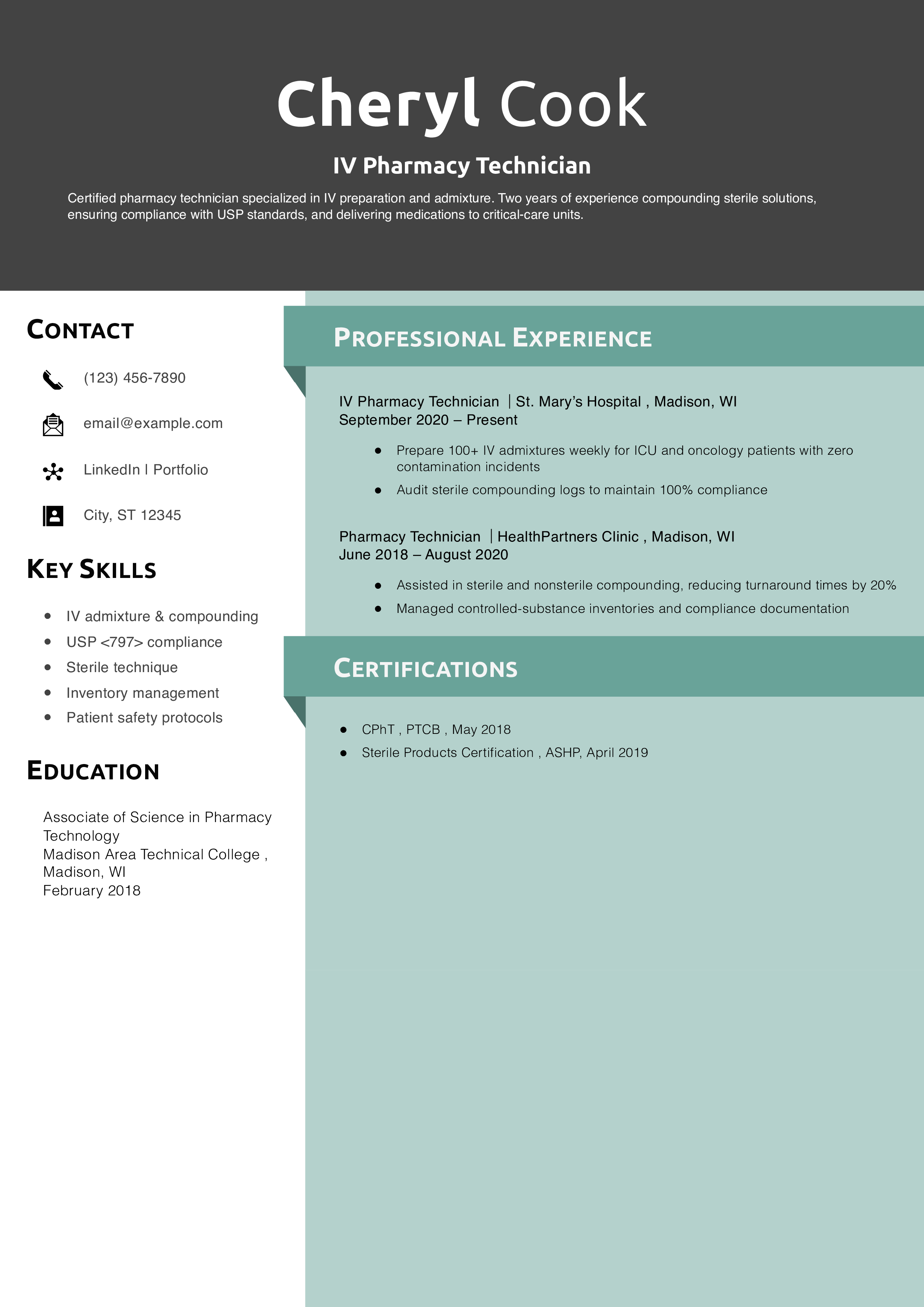 IV Pharmacy Technician Resume Example