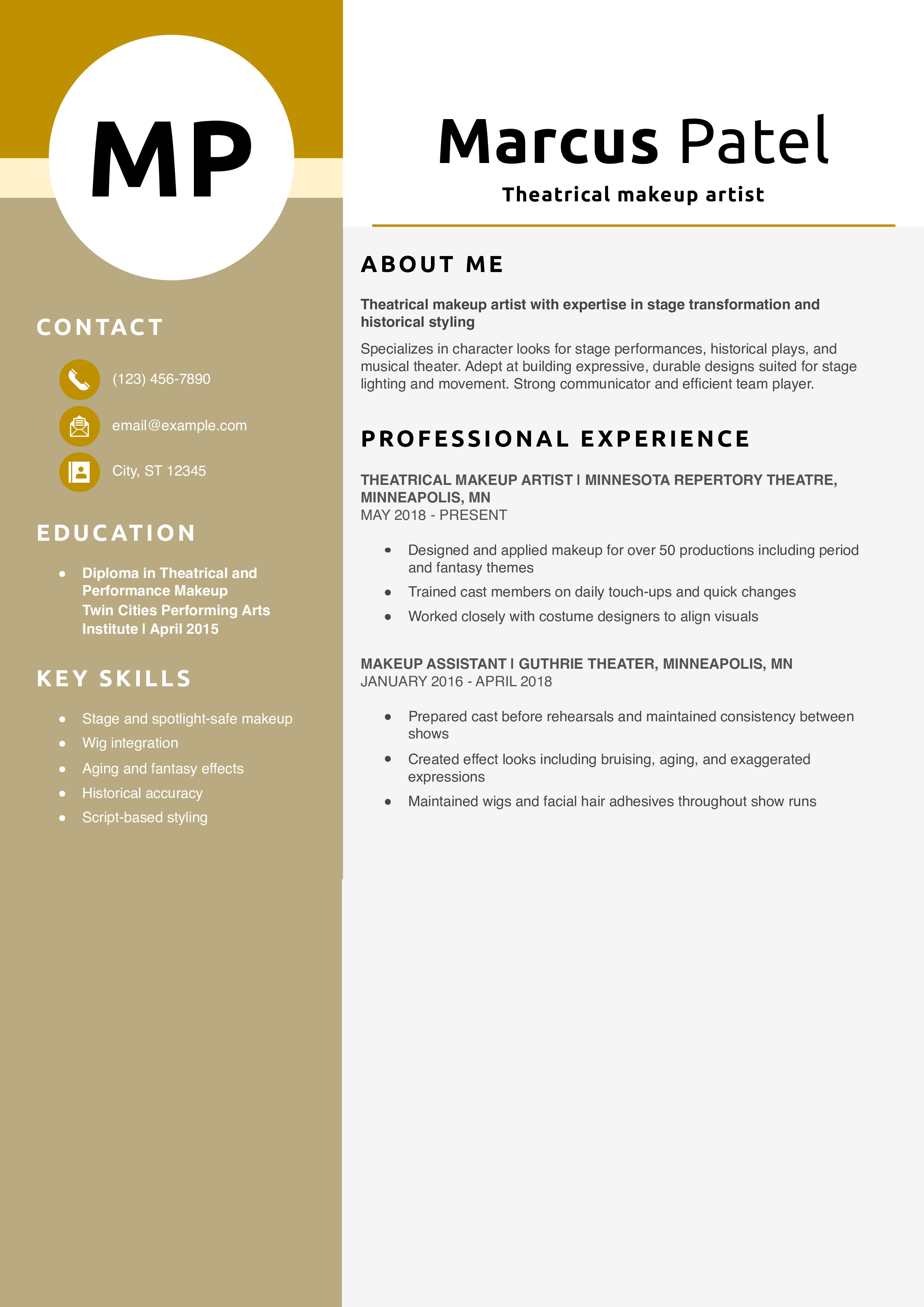 Theatrical makeup artist resume example