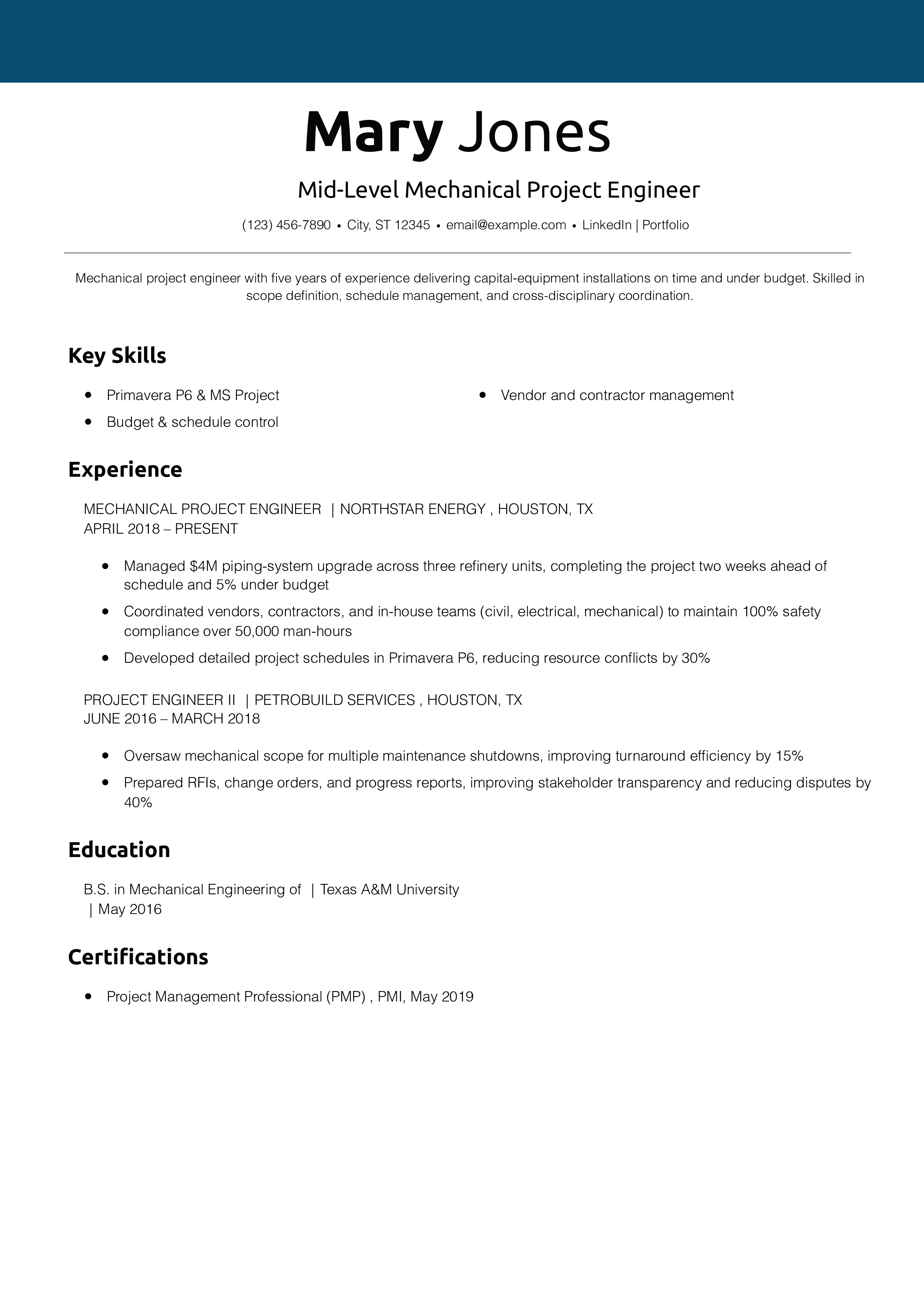 Mid-Level Mechanical Project Engineer Resume Example