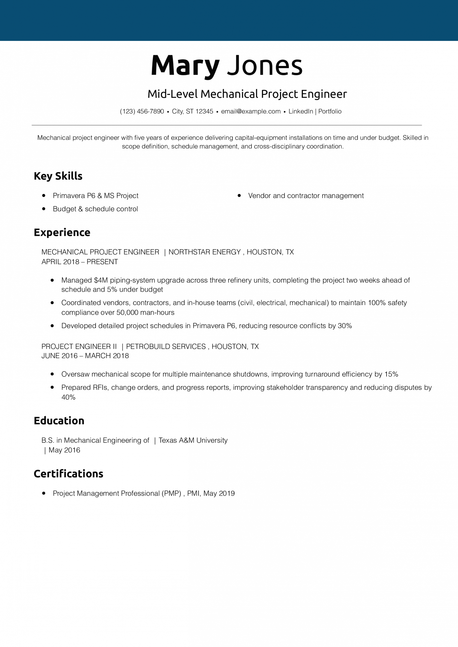 Mid-Level Mechanical Project Engineer Resume Example