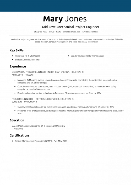 Mid-Level Mechanical Project Engineer Resume Example
