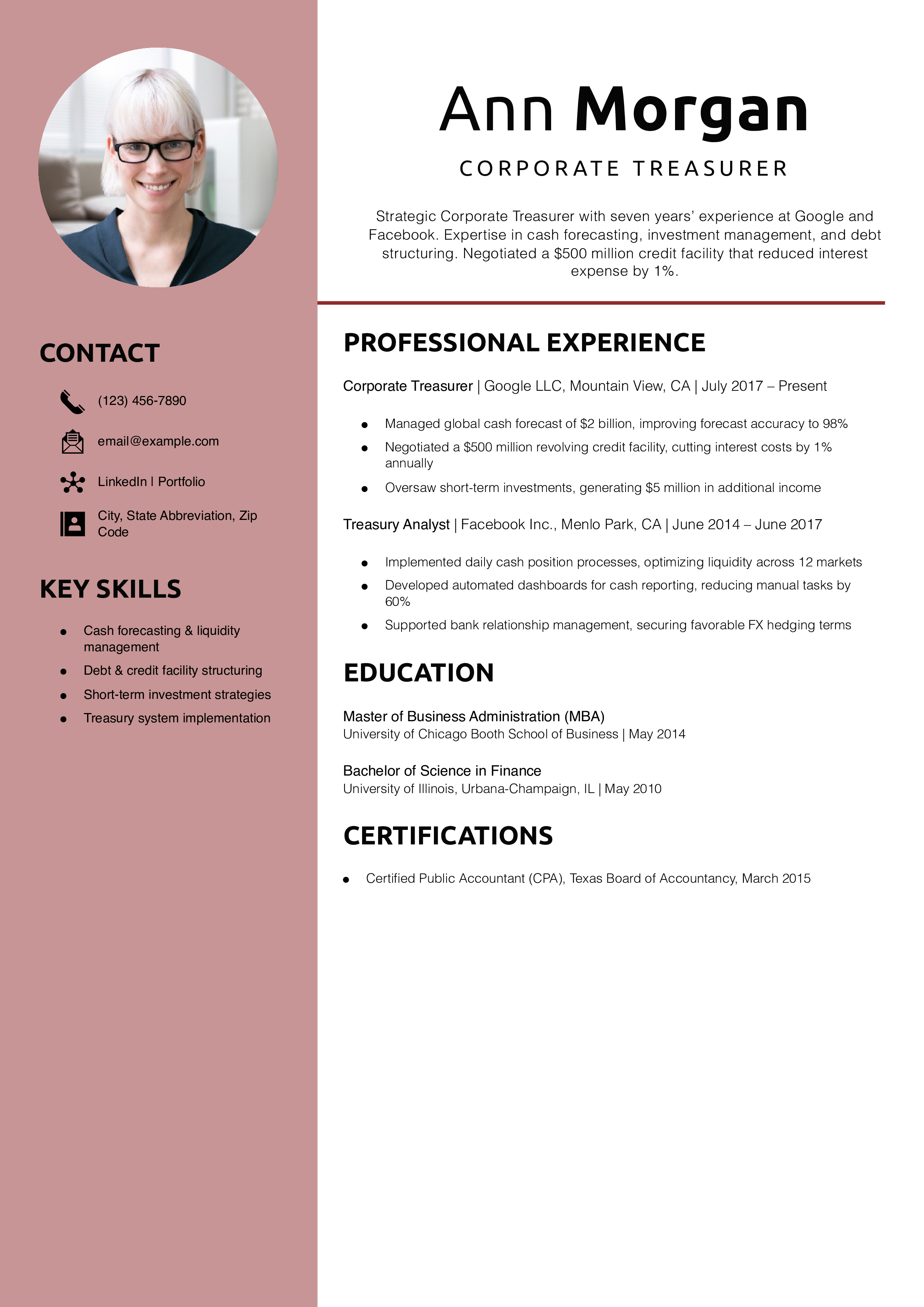 Corporate Treasurer Resume Example
