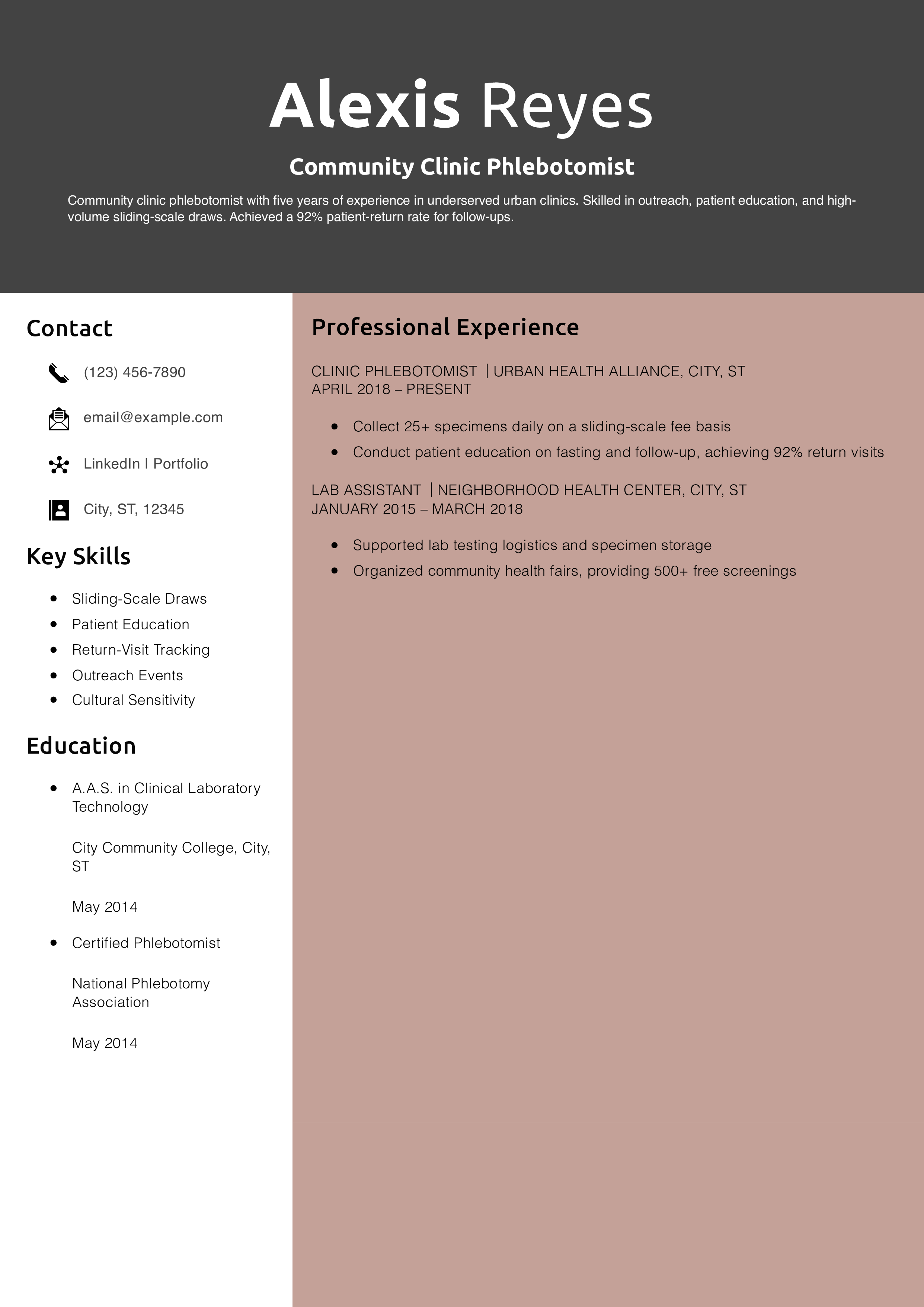 Community Clinic Phlebotomist Resume Example