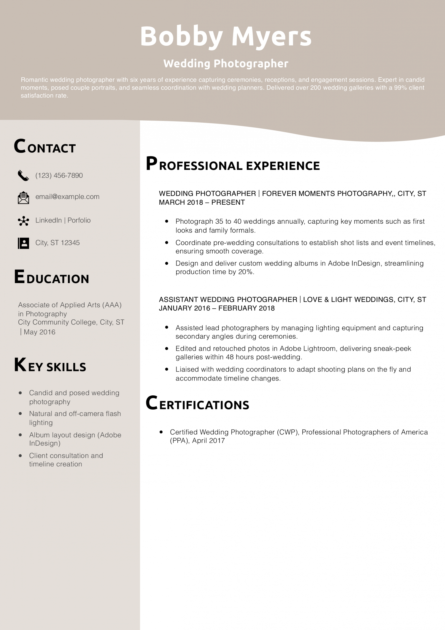 Wedding Photographer Resume Example