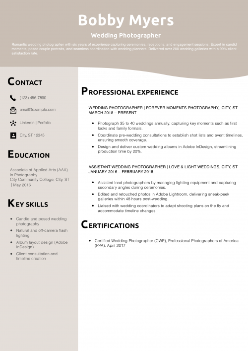 Wedding Photographer Resume Example