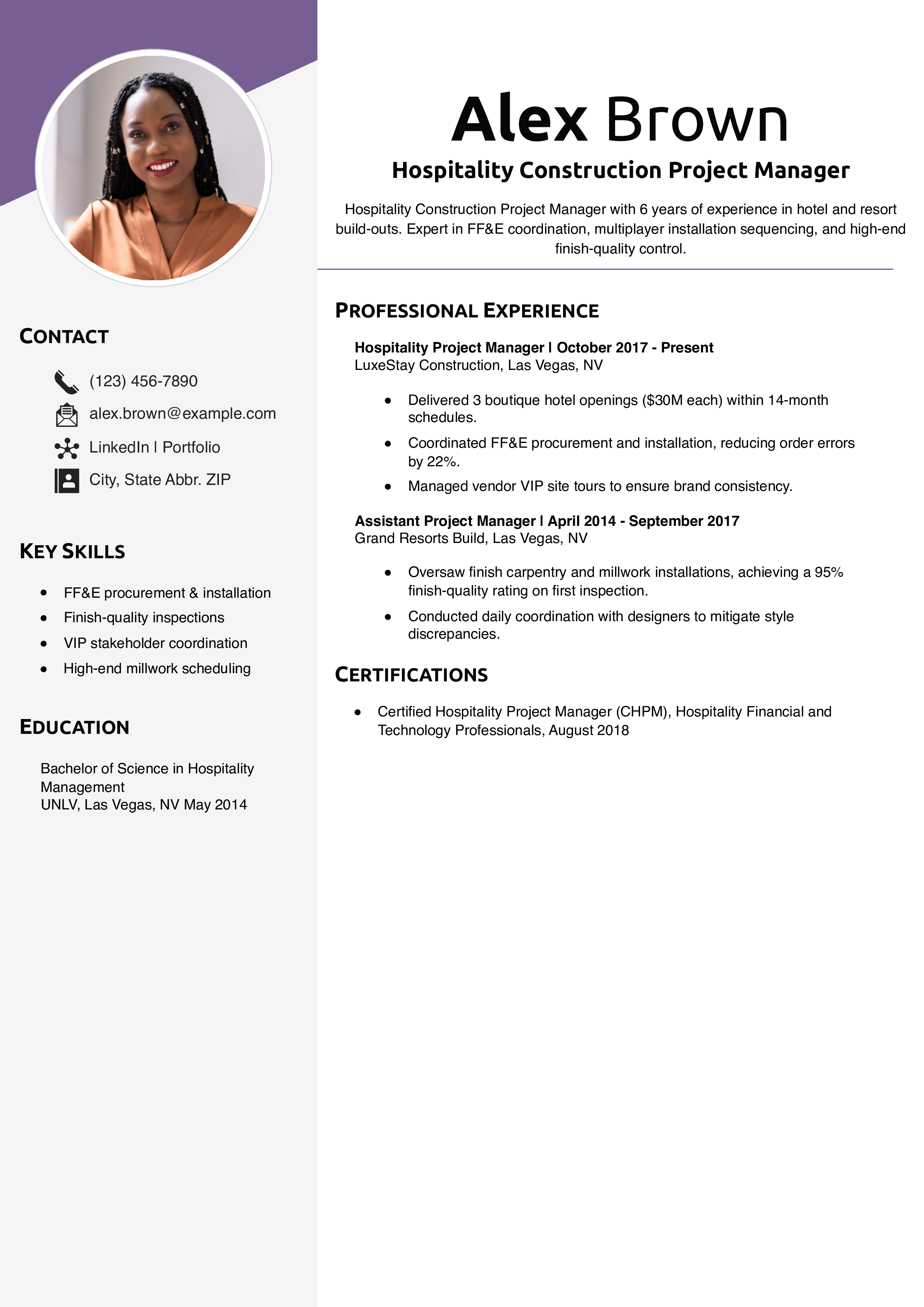 Hospitality Construction Project Manager Resume Example 