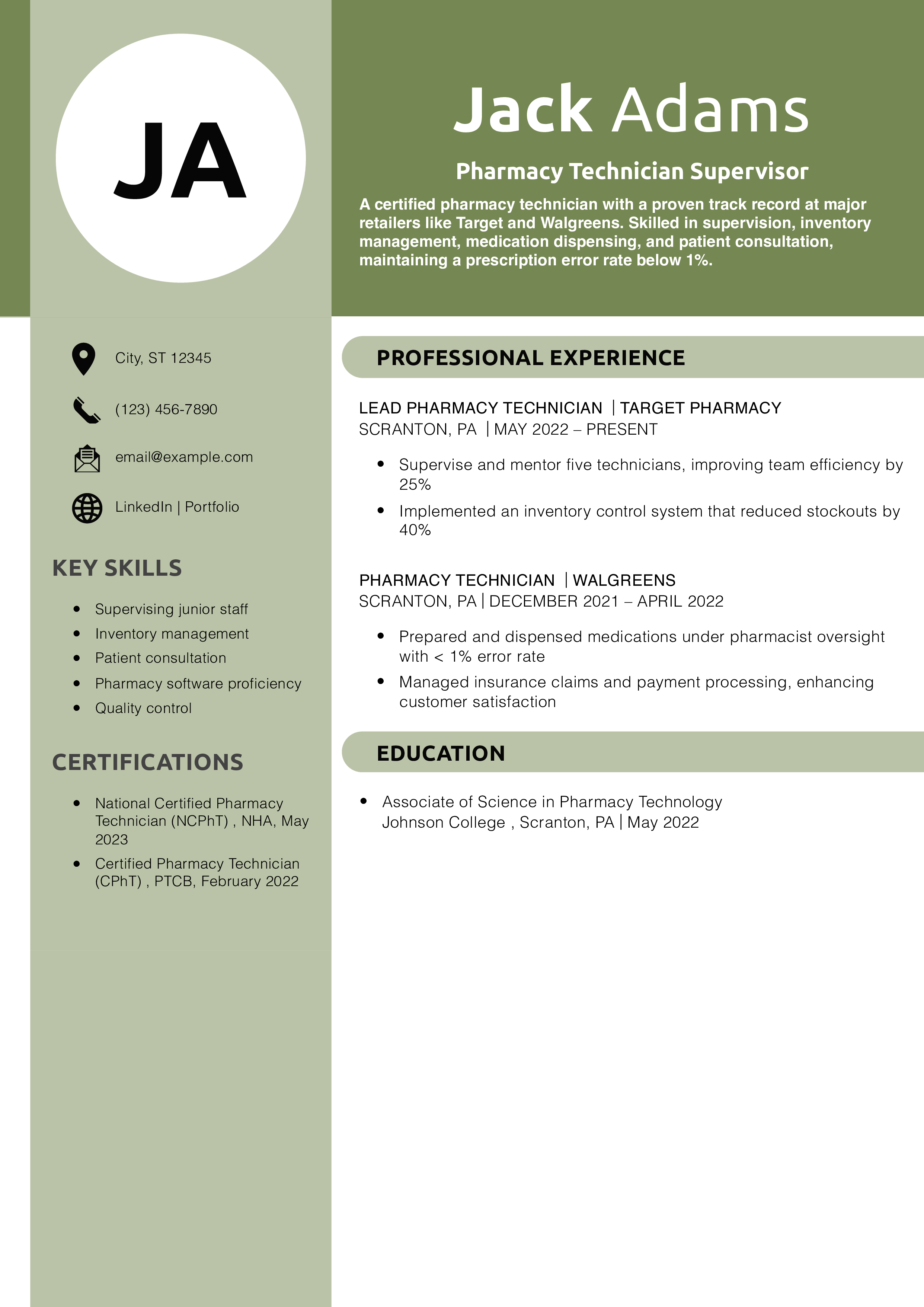 Pharmacy Technician Supervisor Resume Example