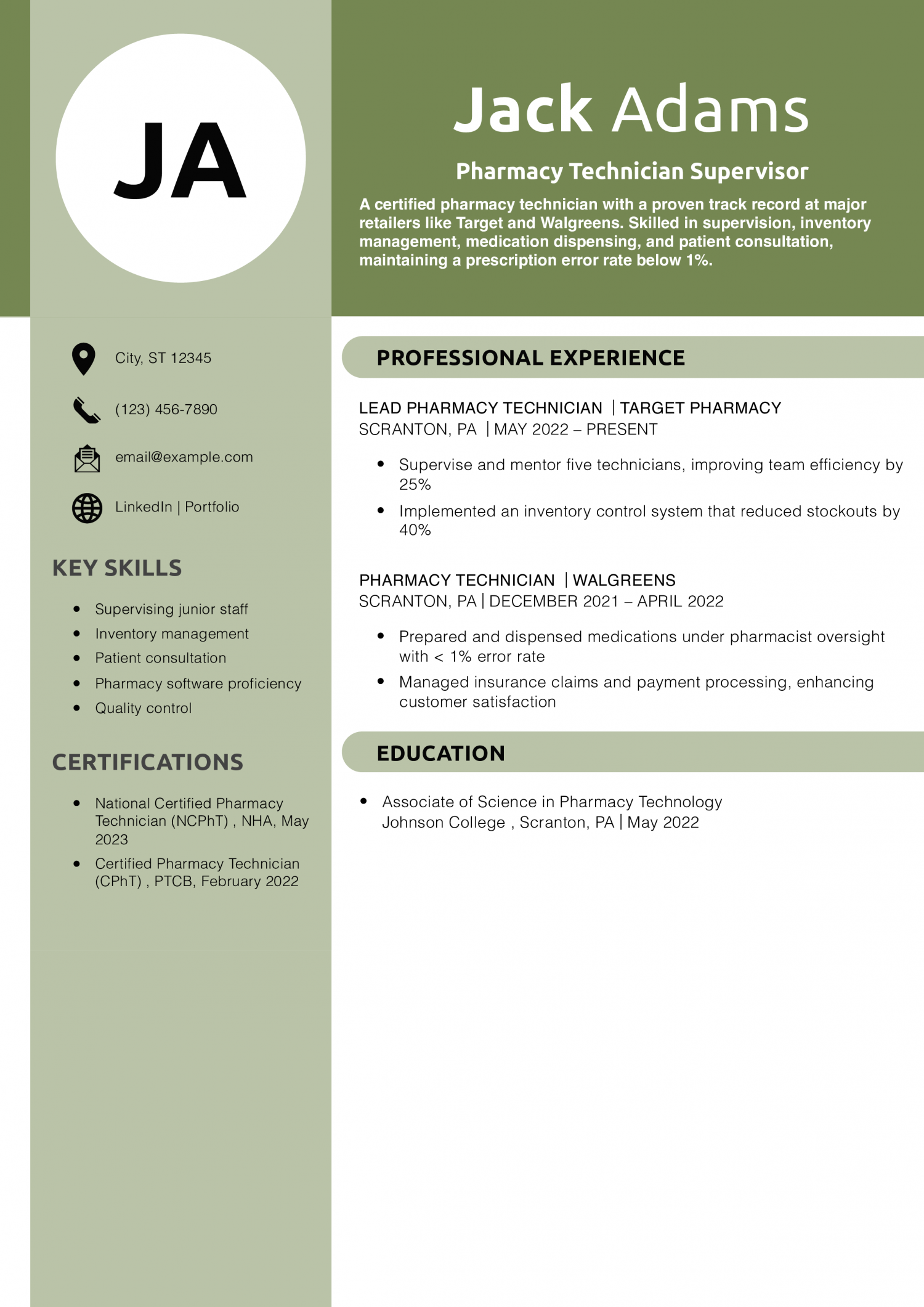 Pharmacy Technician Supervisor Resume Example
