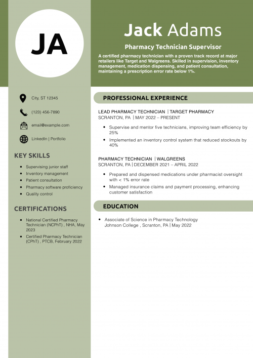 Pharmacy Technician Supervisor Resume Example