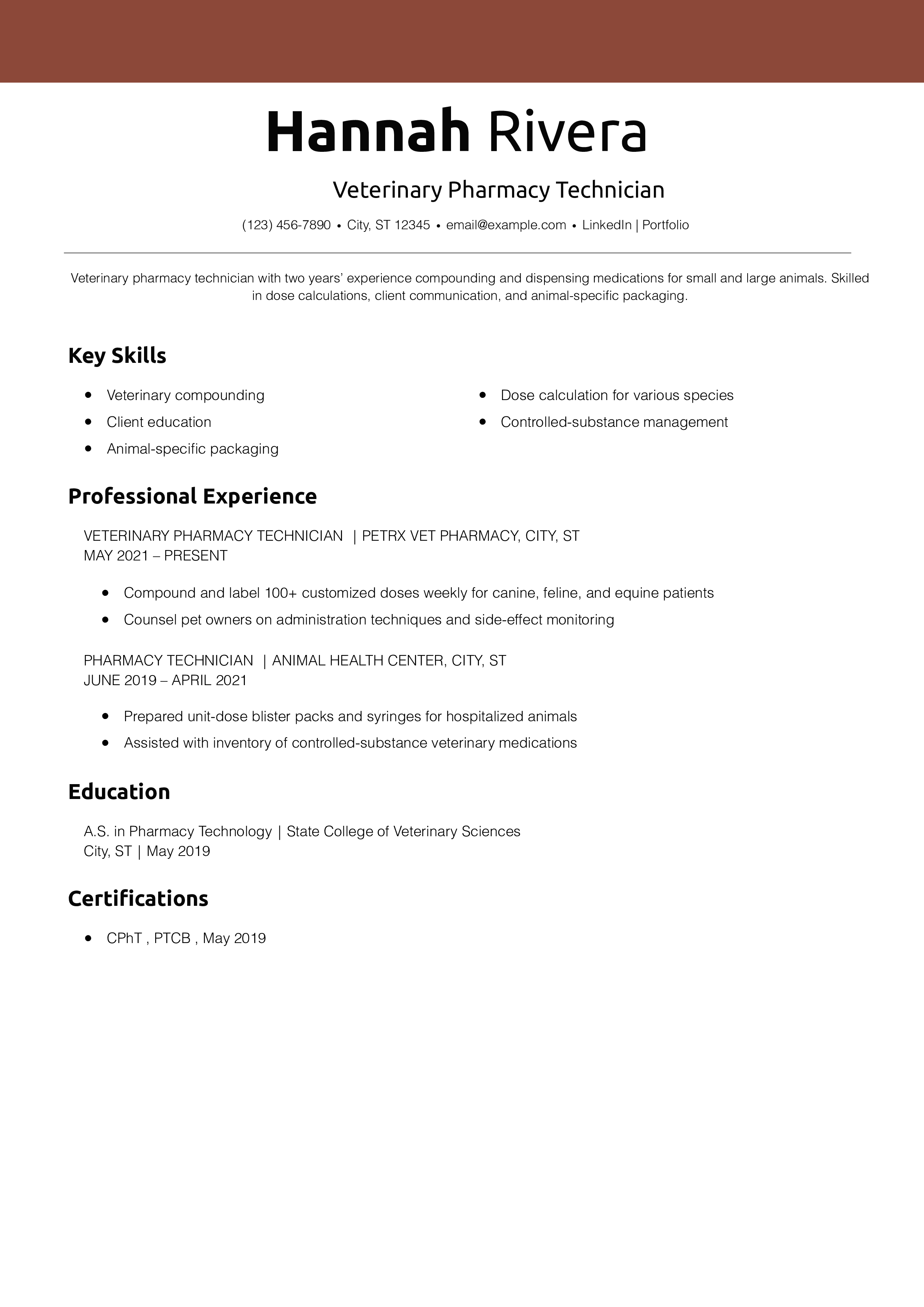 Veterinary Pharmacy Technician Resume Example