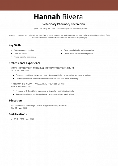 Veterinary Pharmacy Technician Resume Example