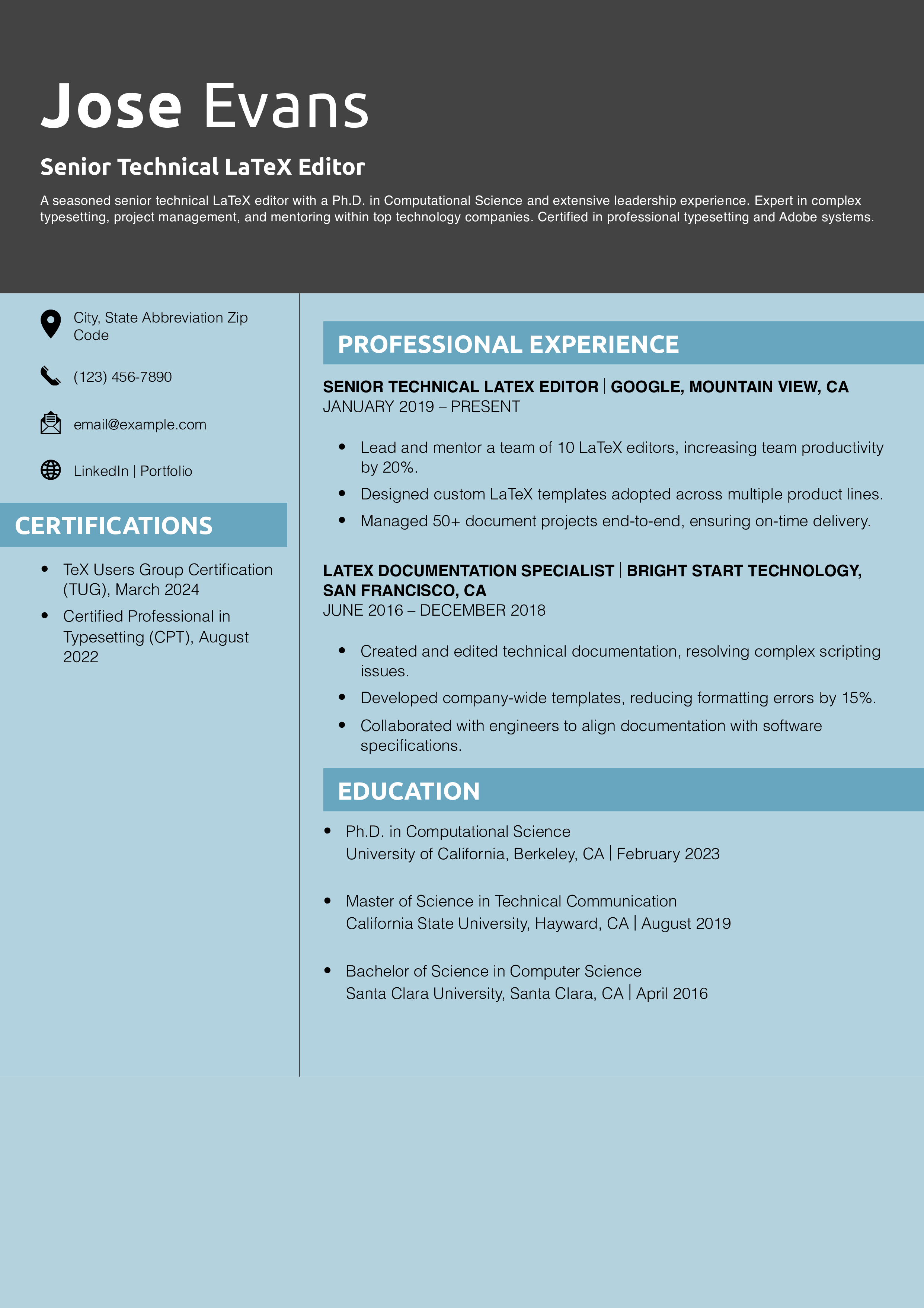 Senior Technical LaTeX Editor Resume Example