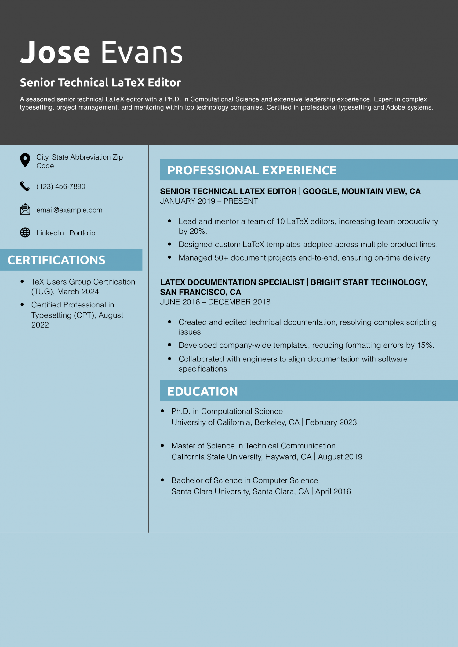 Senior Technical LaTeX Editor Resume Example