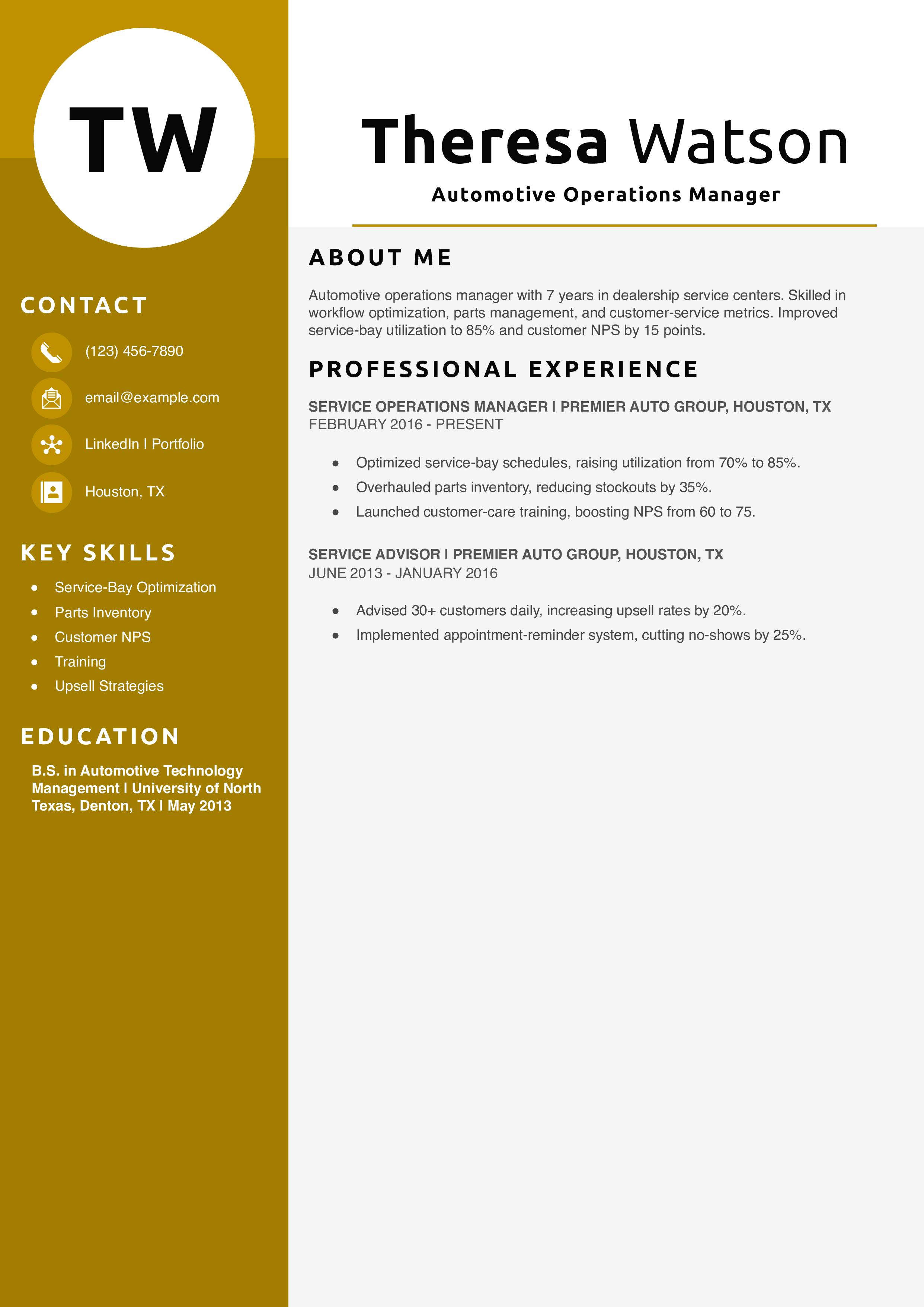 Automotive Operations Manager Resume Example
