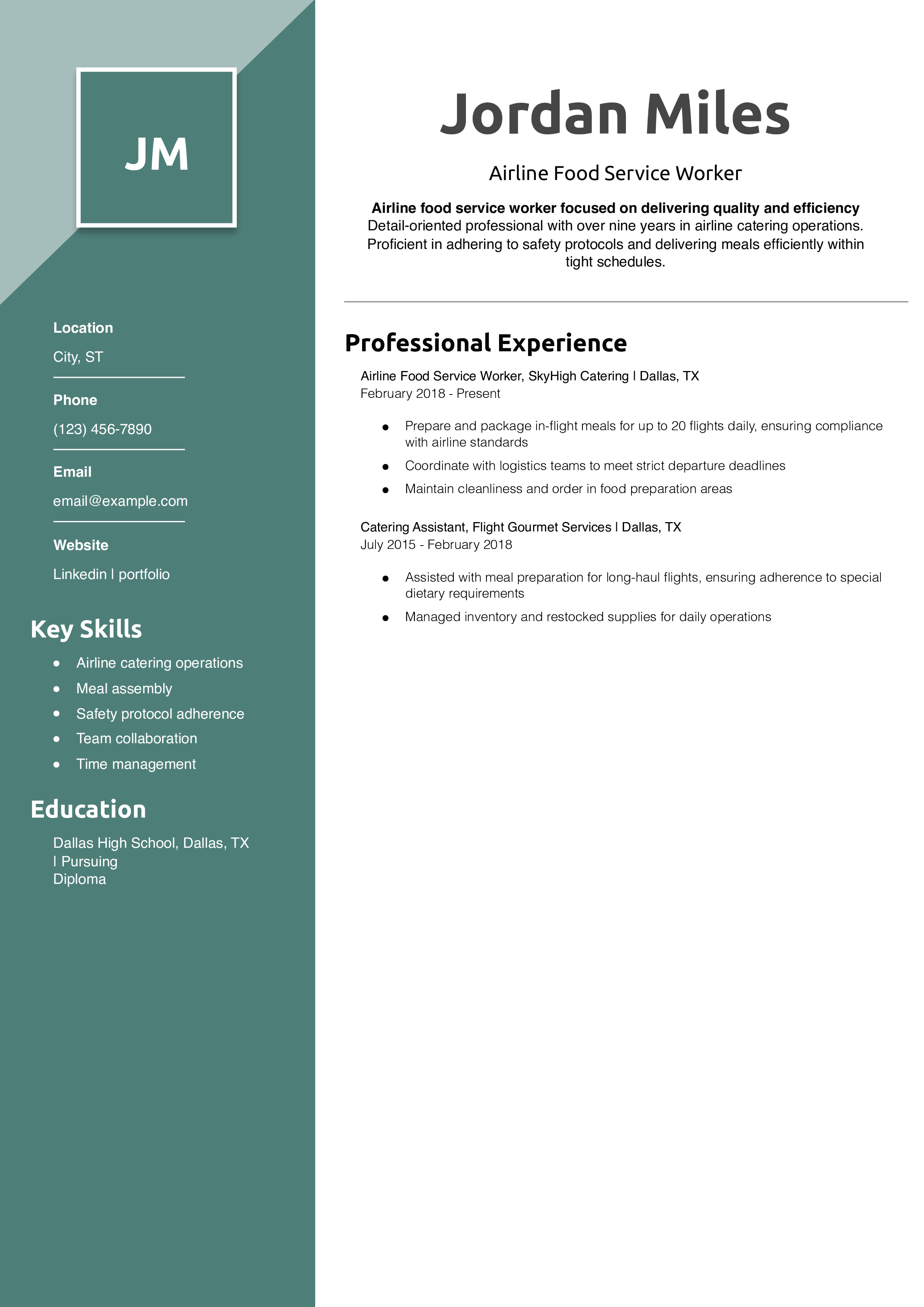 Airline Food Service Worker Resume