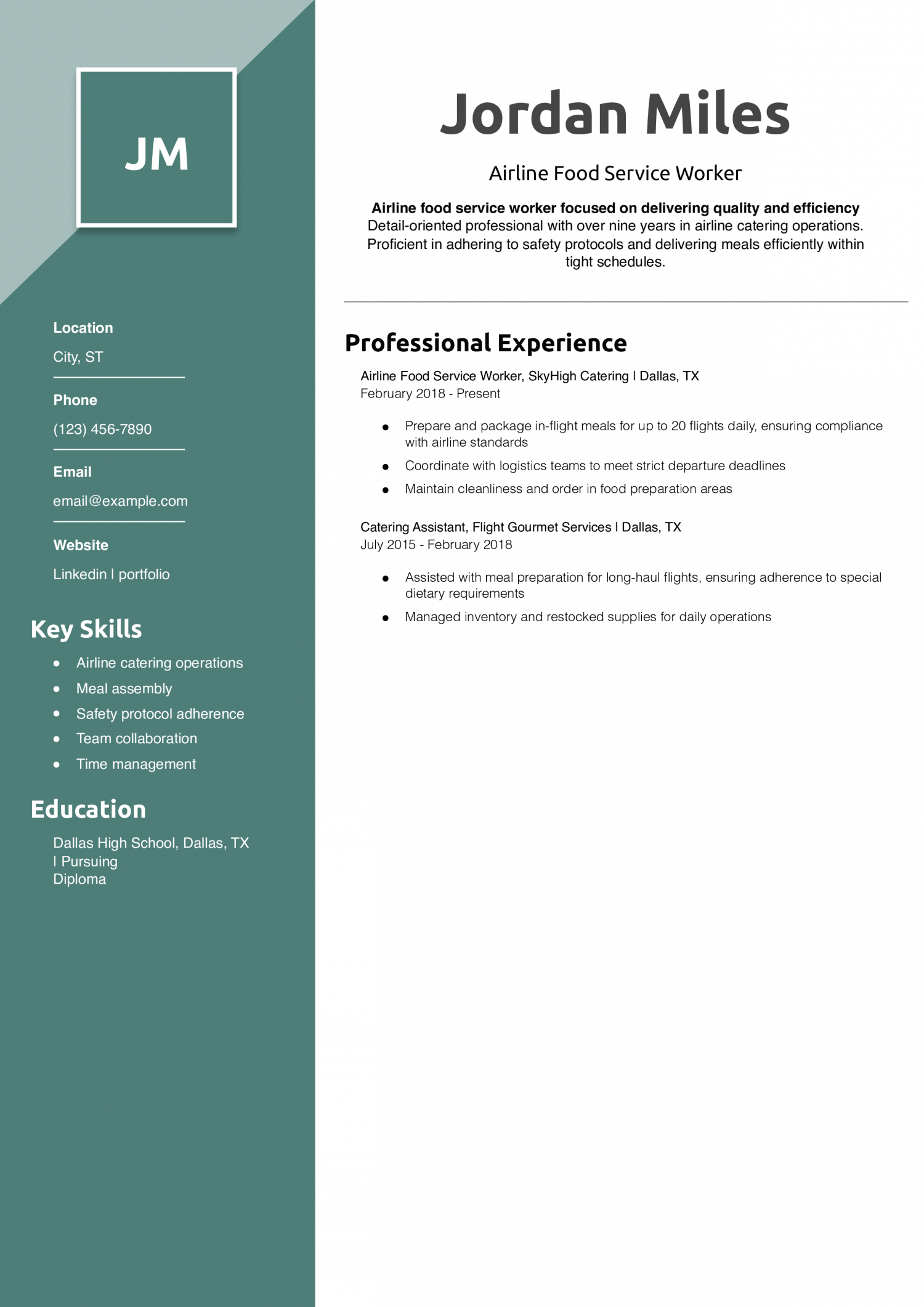 Airline Food Service Worker Resume