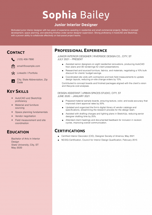 Junior Interior Designer Resume Example