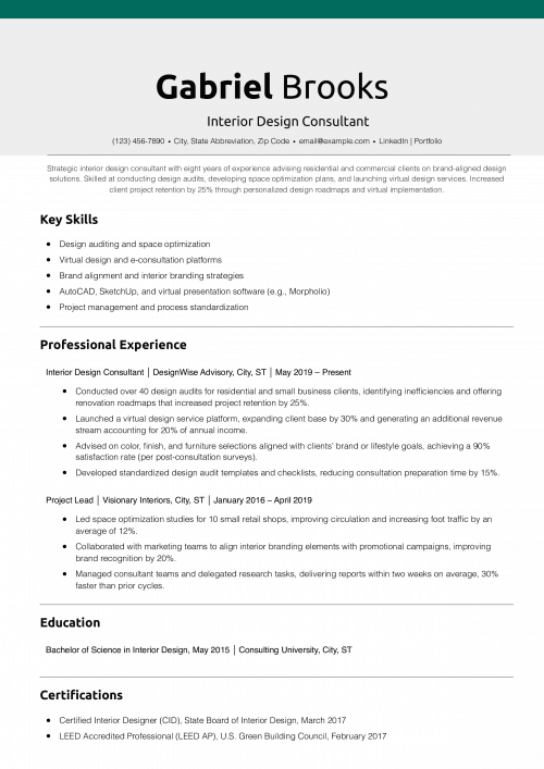 Interior Design Consultant Resume Example