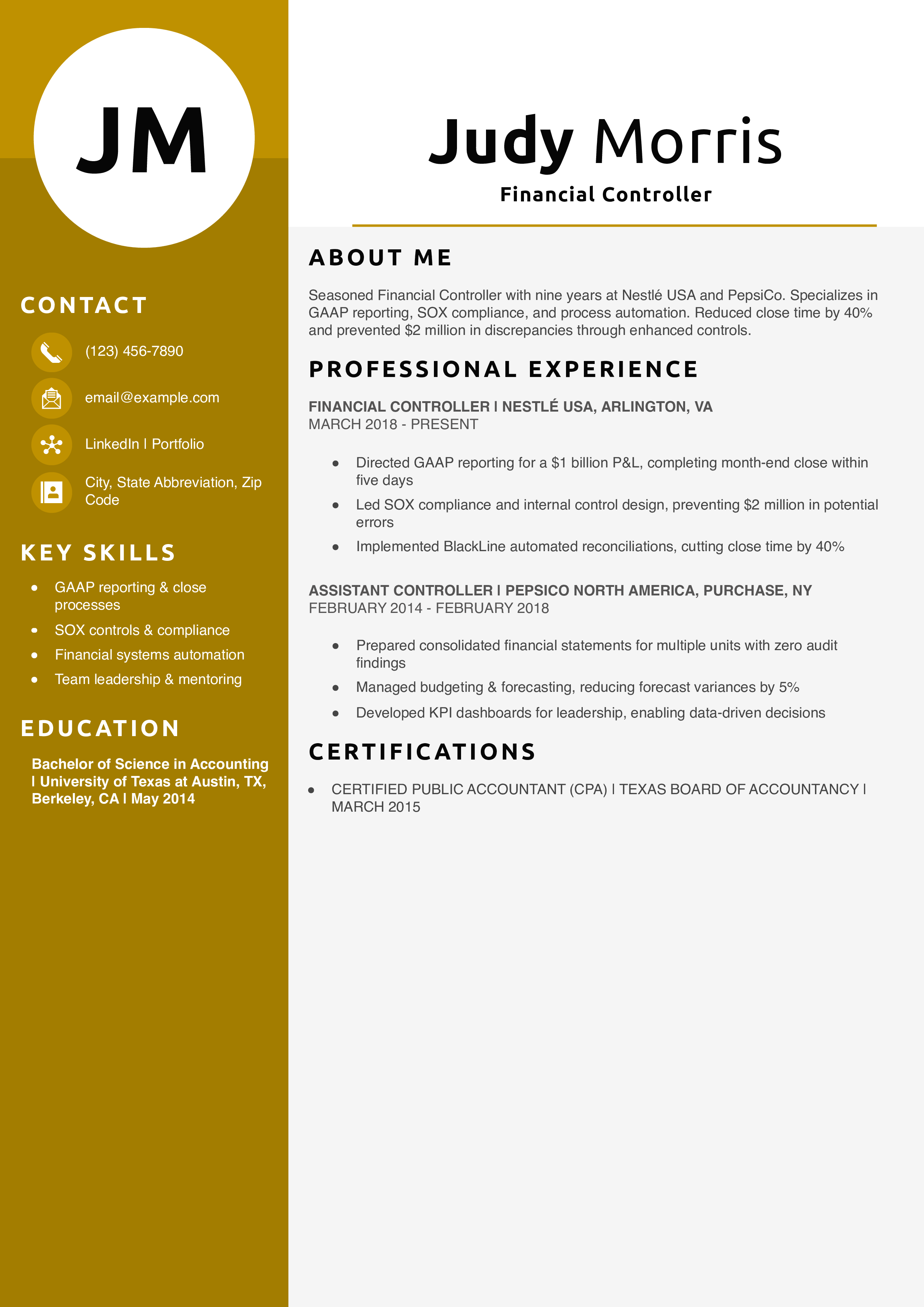 Financial Controller Resume Example