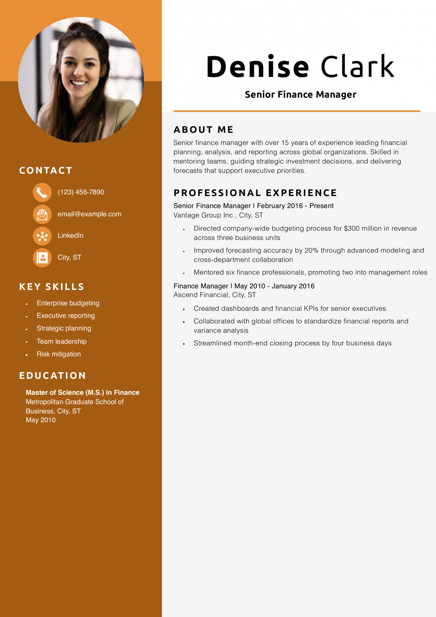 Senior Finance Manager Resume Example