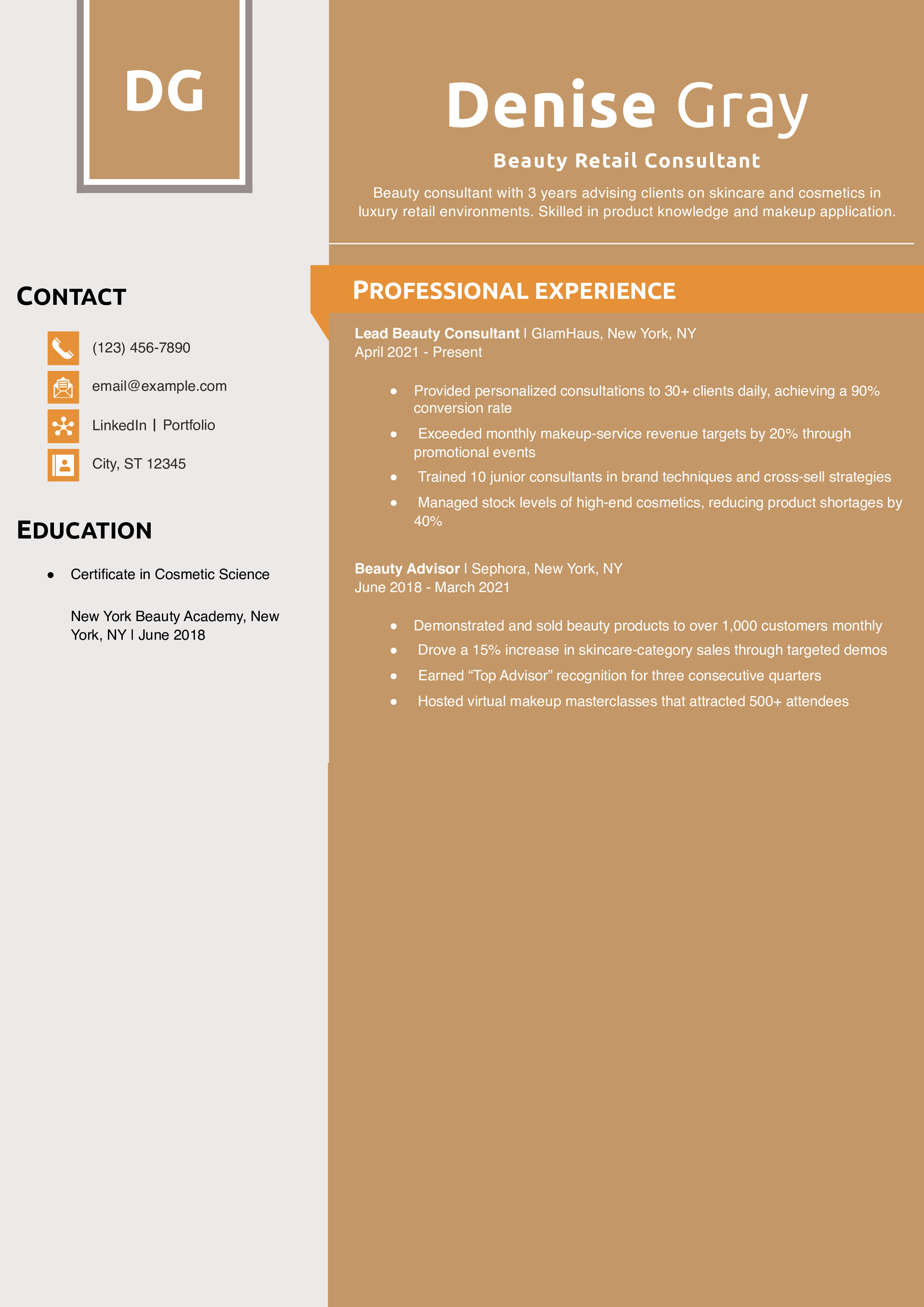 Beauty Retail Consultant Resume Example