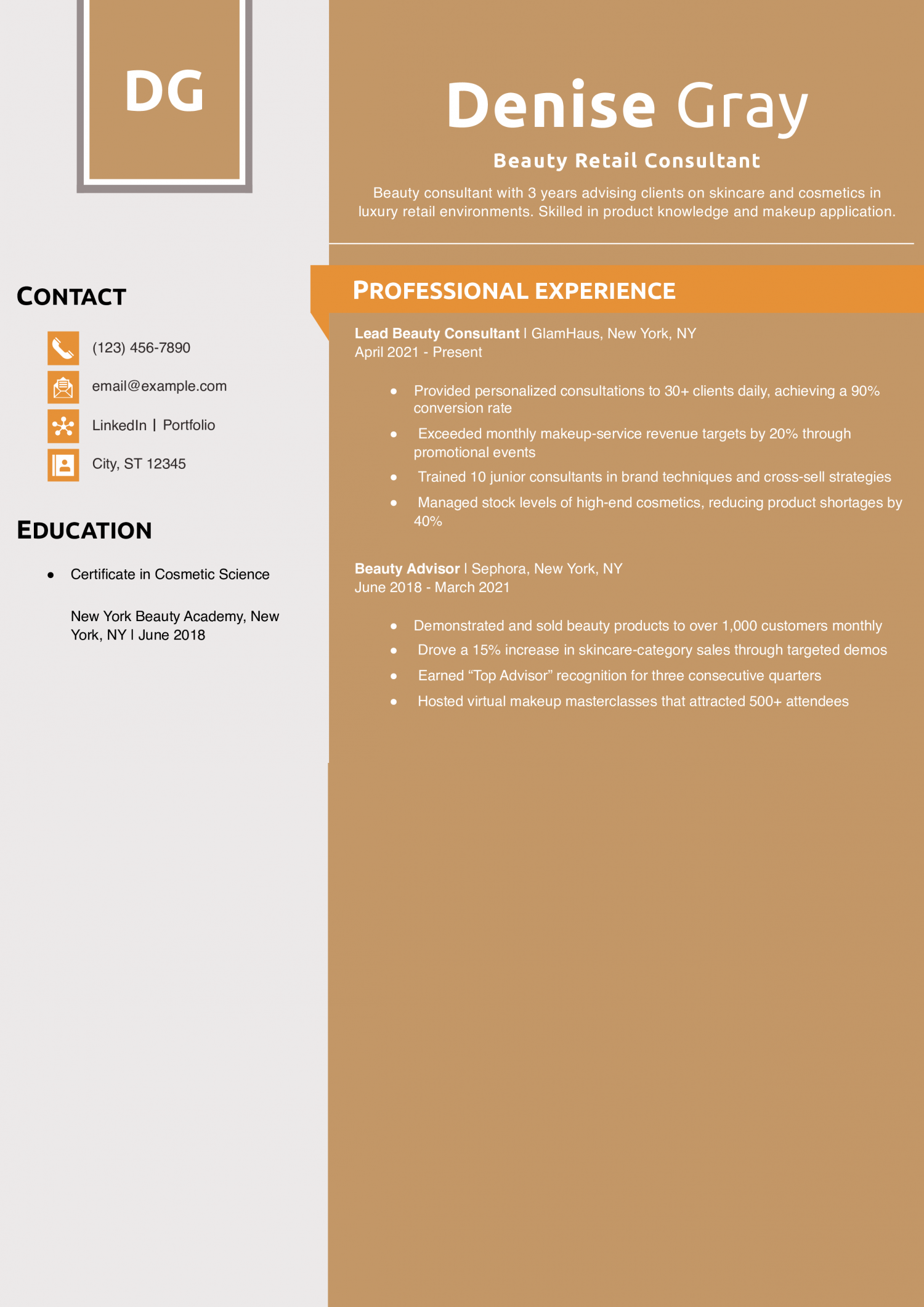 Beauty Retail Consultant Resume Example
