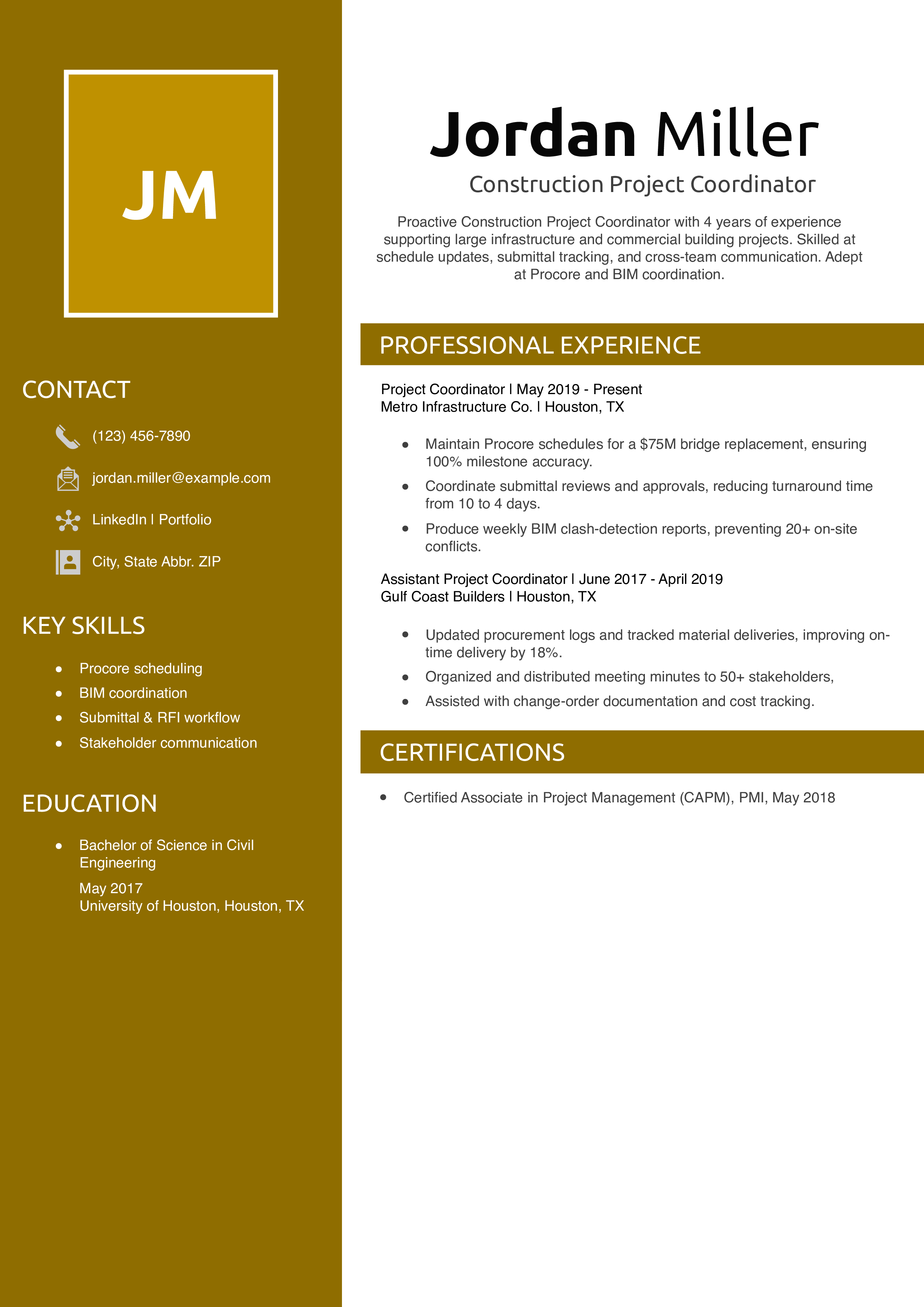 Construction Project Coordinator Resume Example 