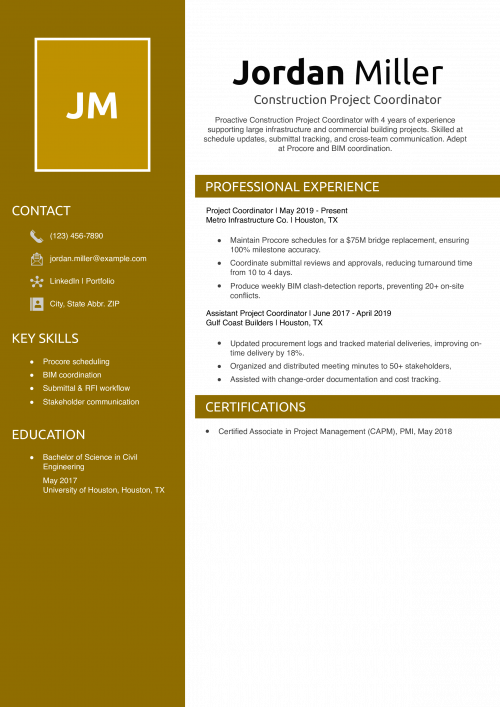 Construction Project Coordinator Resume Example 