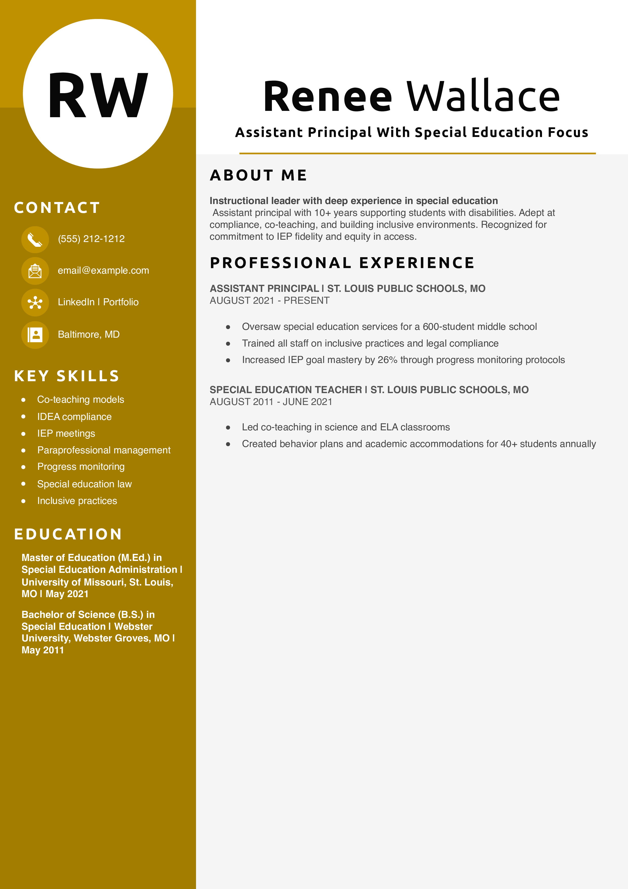 Assistant Principal With Special Education Focus Resume