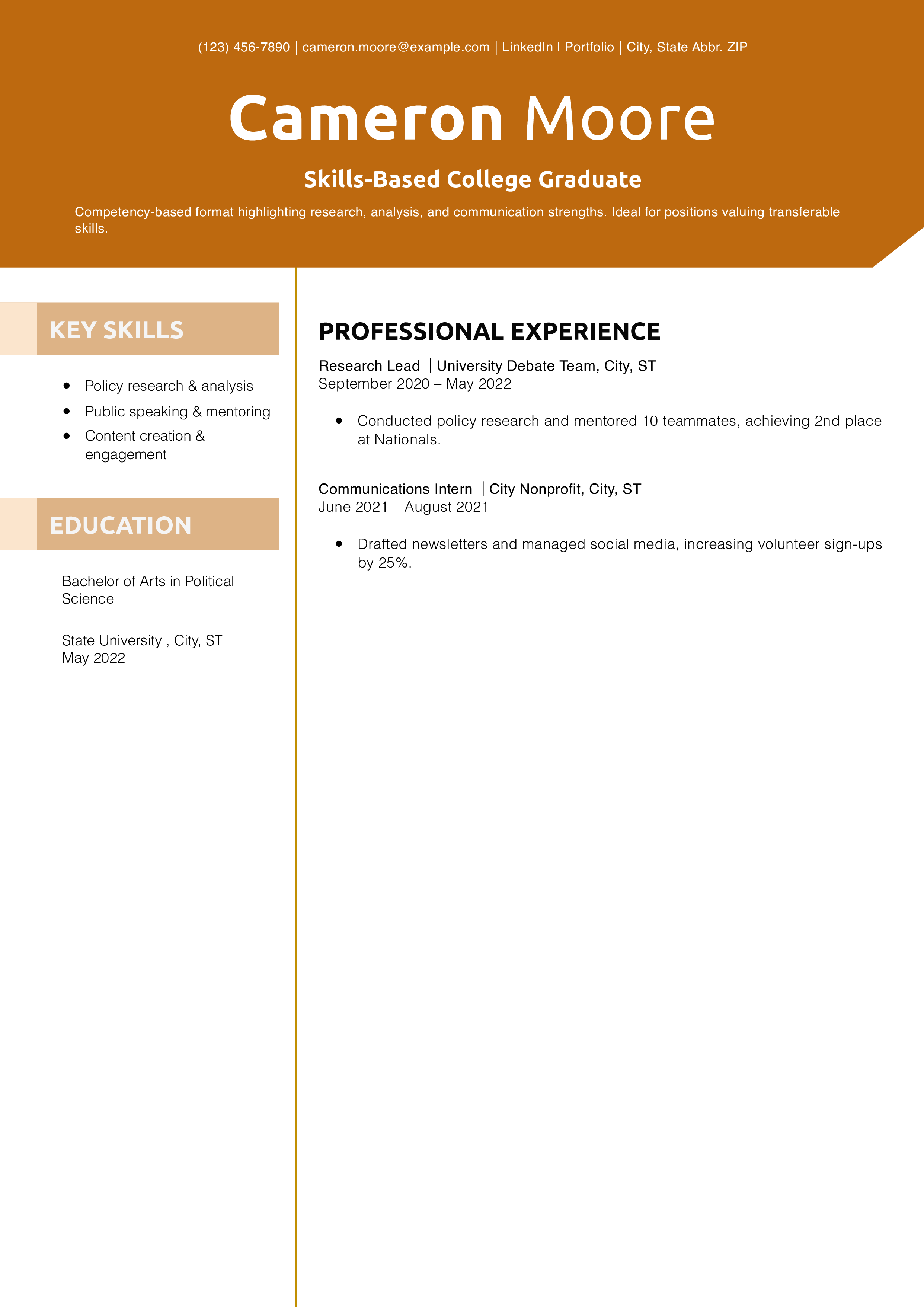 Skills-Based College Graduate Resume Example 
