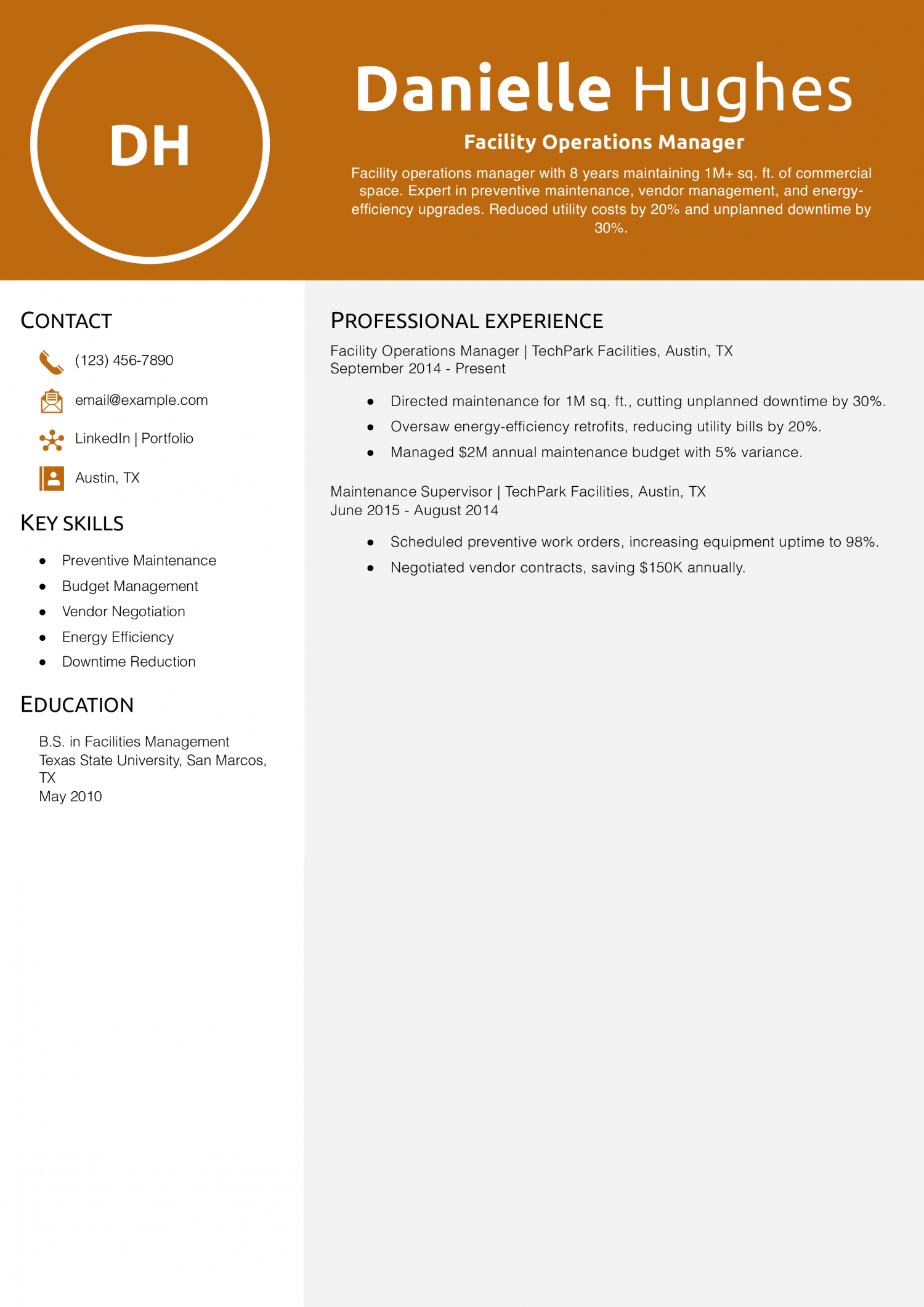 Facility Operations Manager Resume Example