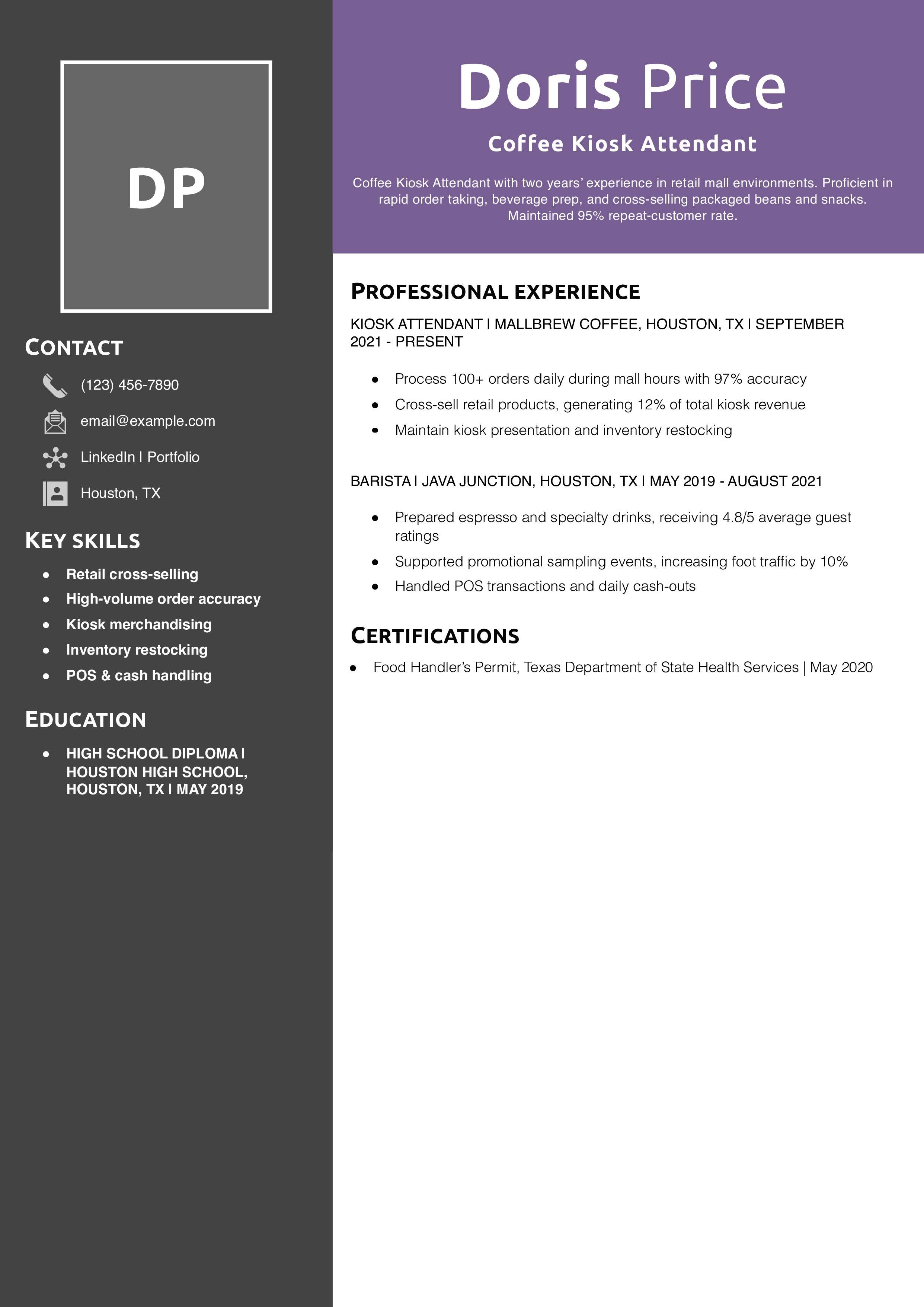 Coffee Kiosk Attendant Resume Example