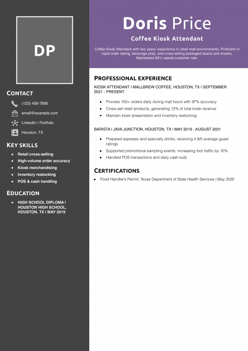 Coffee Kiosk Attendant Resume Example