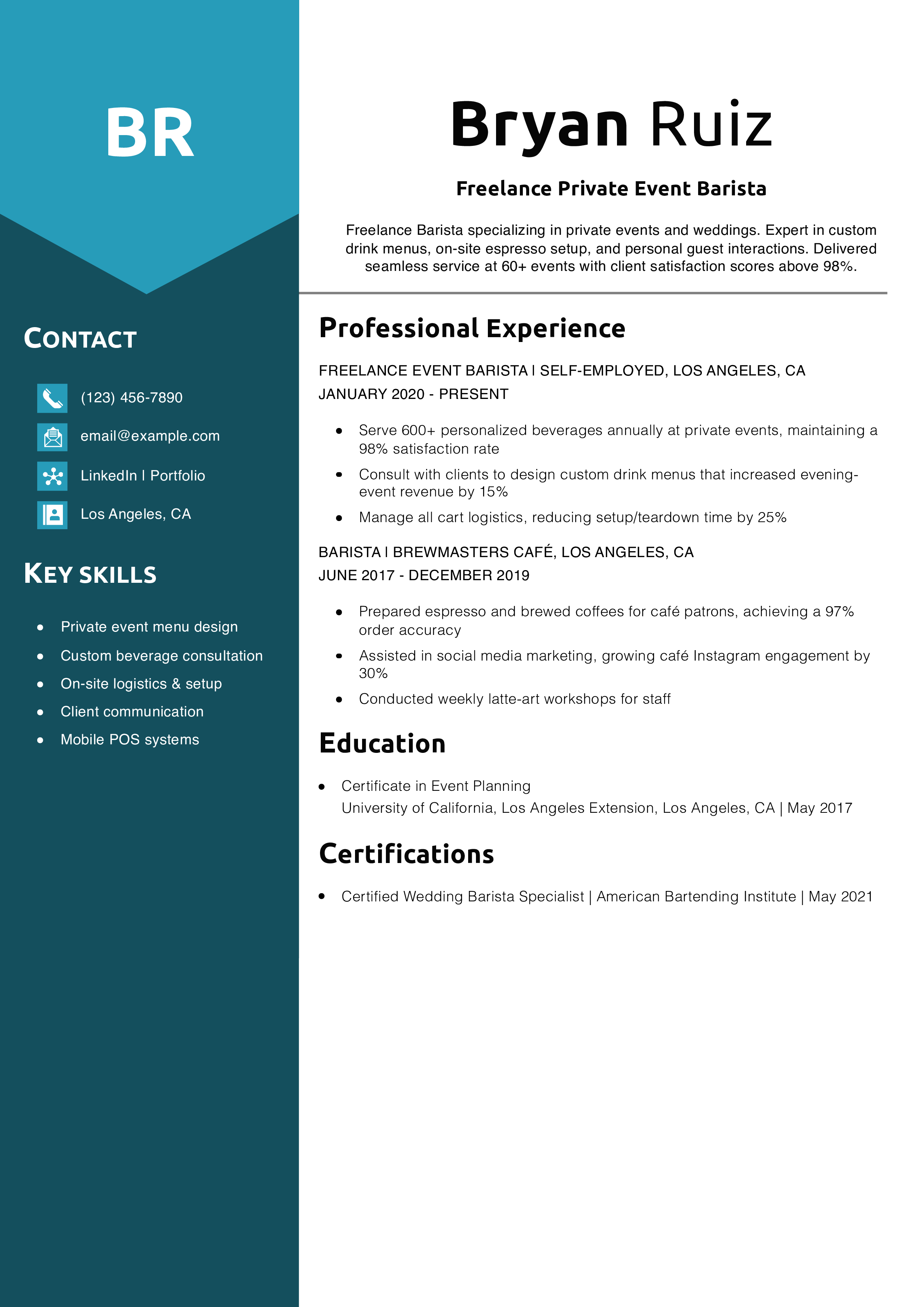 Freelance Private Event Barista Resume Example