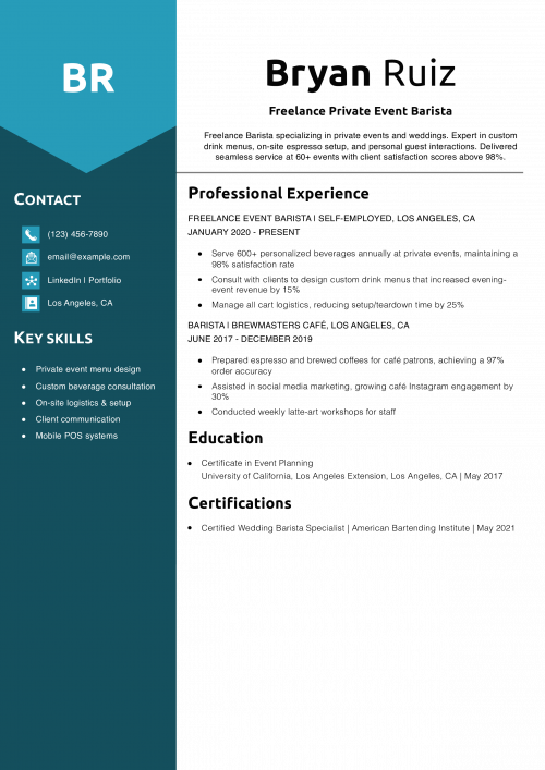 Freelance Private Event Barista Resume Example