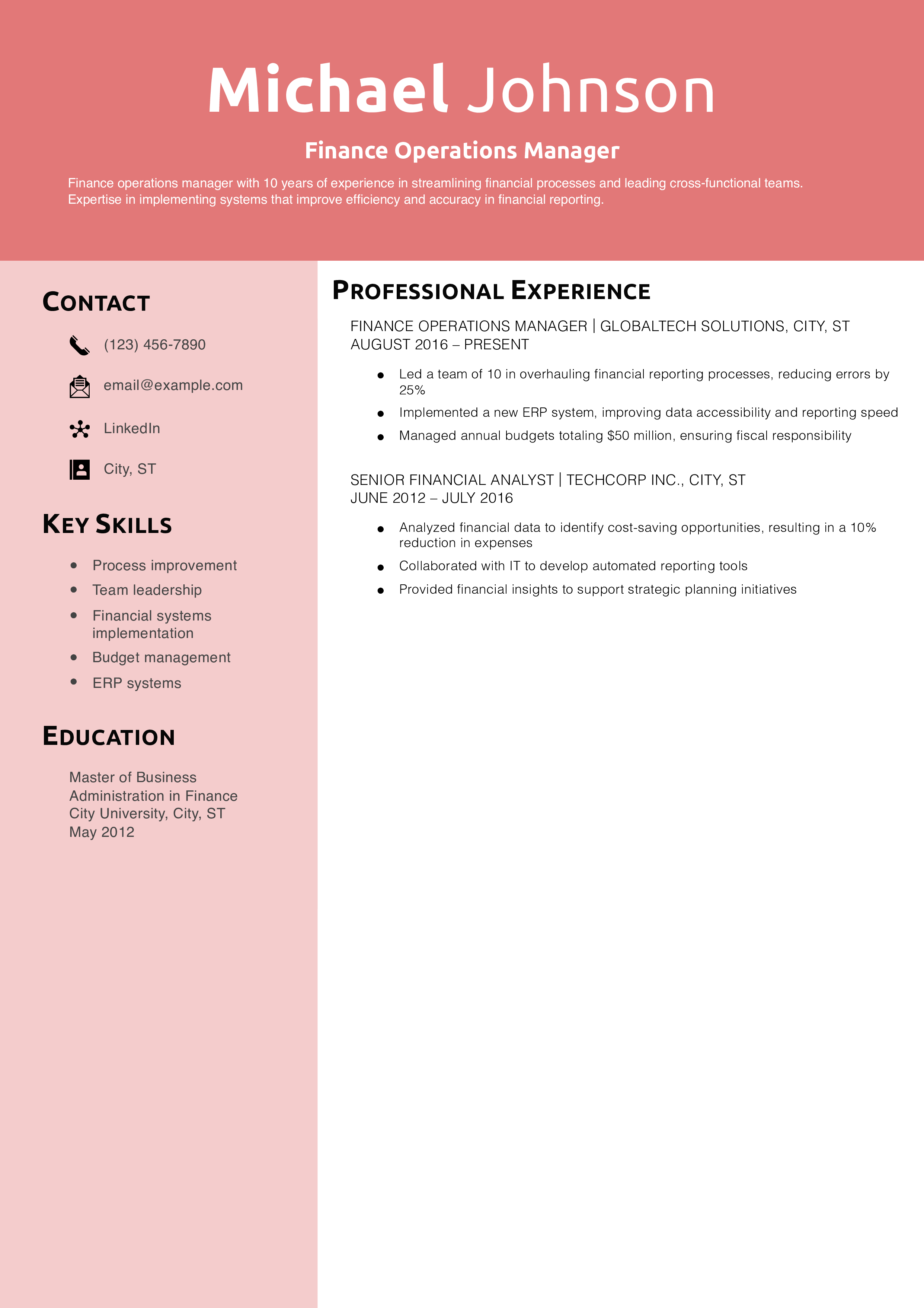 Finance Operations Manager Resume Example