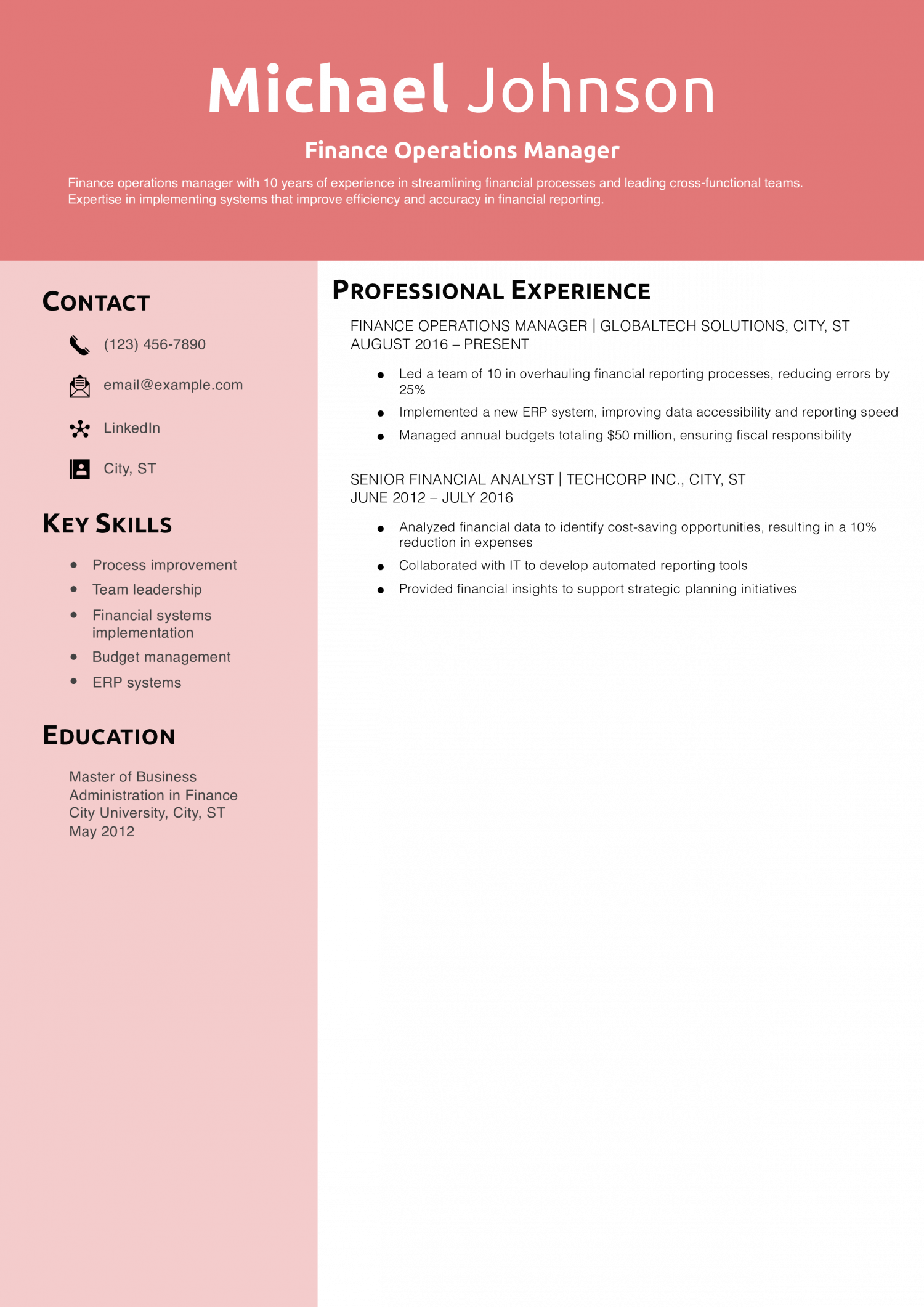 Finance Operations Manager Resume Example