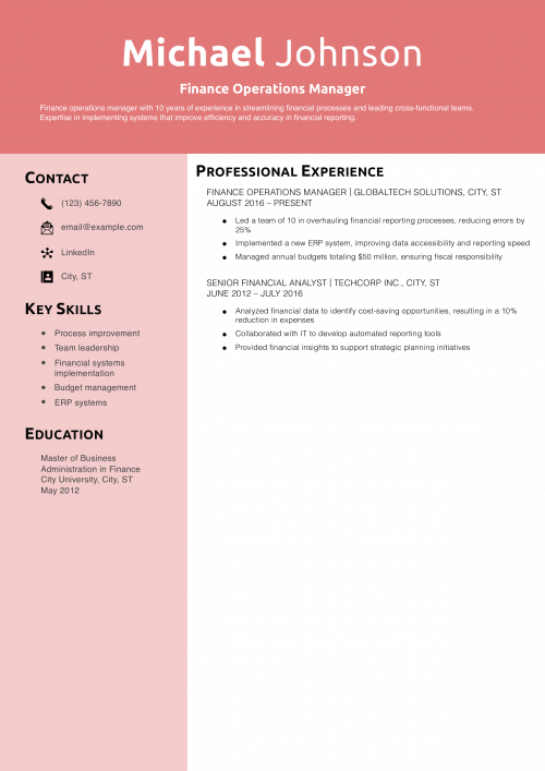 Finance Operations Manager Resume Example